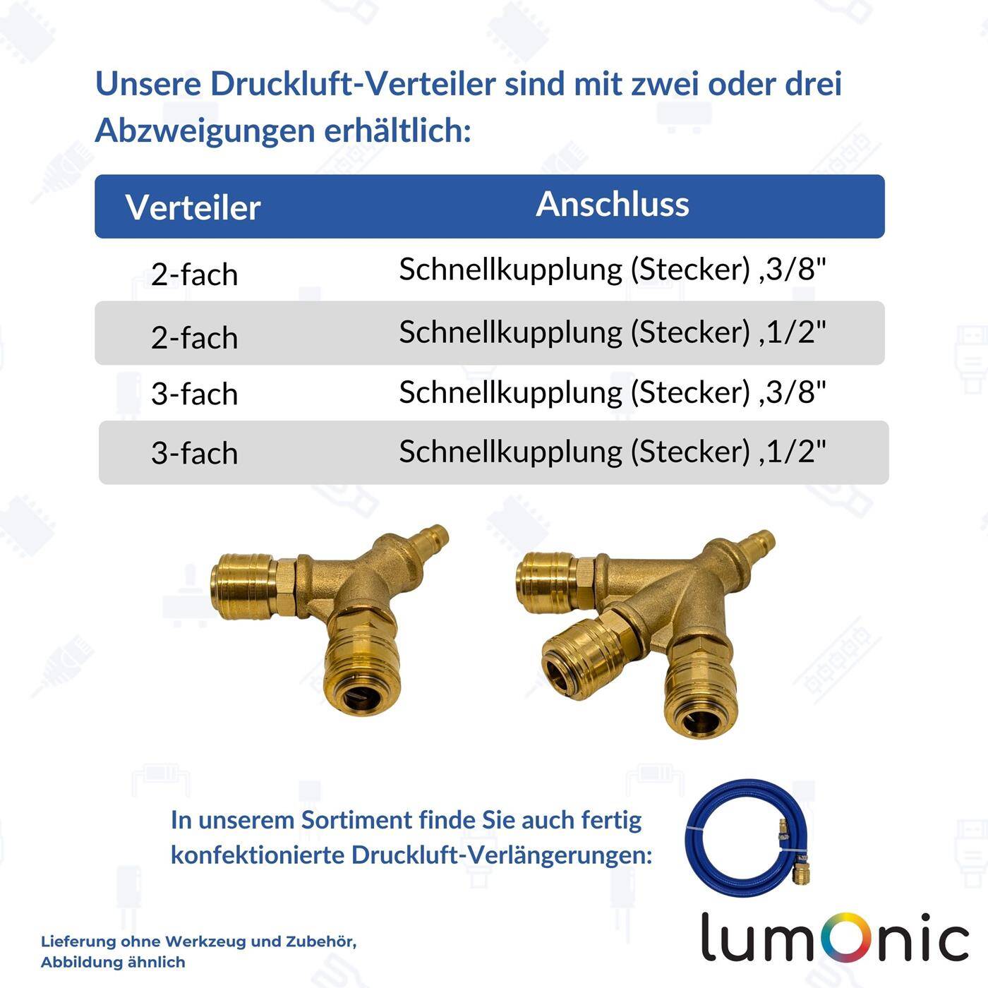 Druckluftverteiler 2-fach komplett mit Kupplungs-Stecker aus Messing Innengewinde 1/2" Druckluftweiche Schnellkupplung Mehrfachverteiler für Werkstätten, Betriebe und Heimwerker