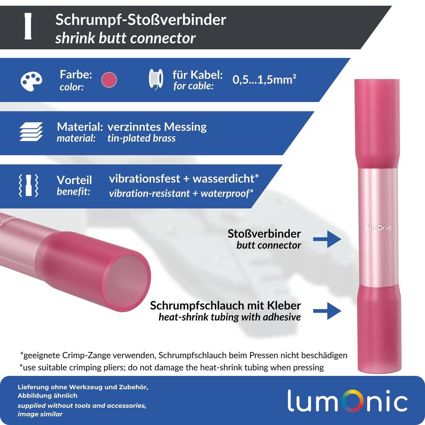 Lumonic 25x Schrumpf-Stoßverbinder Wasserdicht | 0,5-1,5mm² Rot | ohne Löten | Kabelverbinder mit Schrumpfschlauch + Kleber für KFZ, Garten & Elektro | für Kabelreparatur