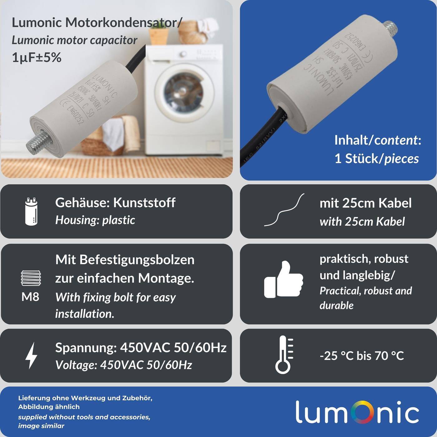 Lumonic Anlaufkondensator 1µF 450V | mit Kabel I 26x55mm I 1uF I Motorkondensator mit Kunststoffgehäuse I Betriebskondensator I für Pumpen, Rasenmäher, Werkzeuge