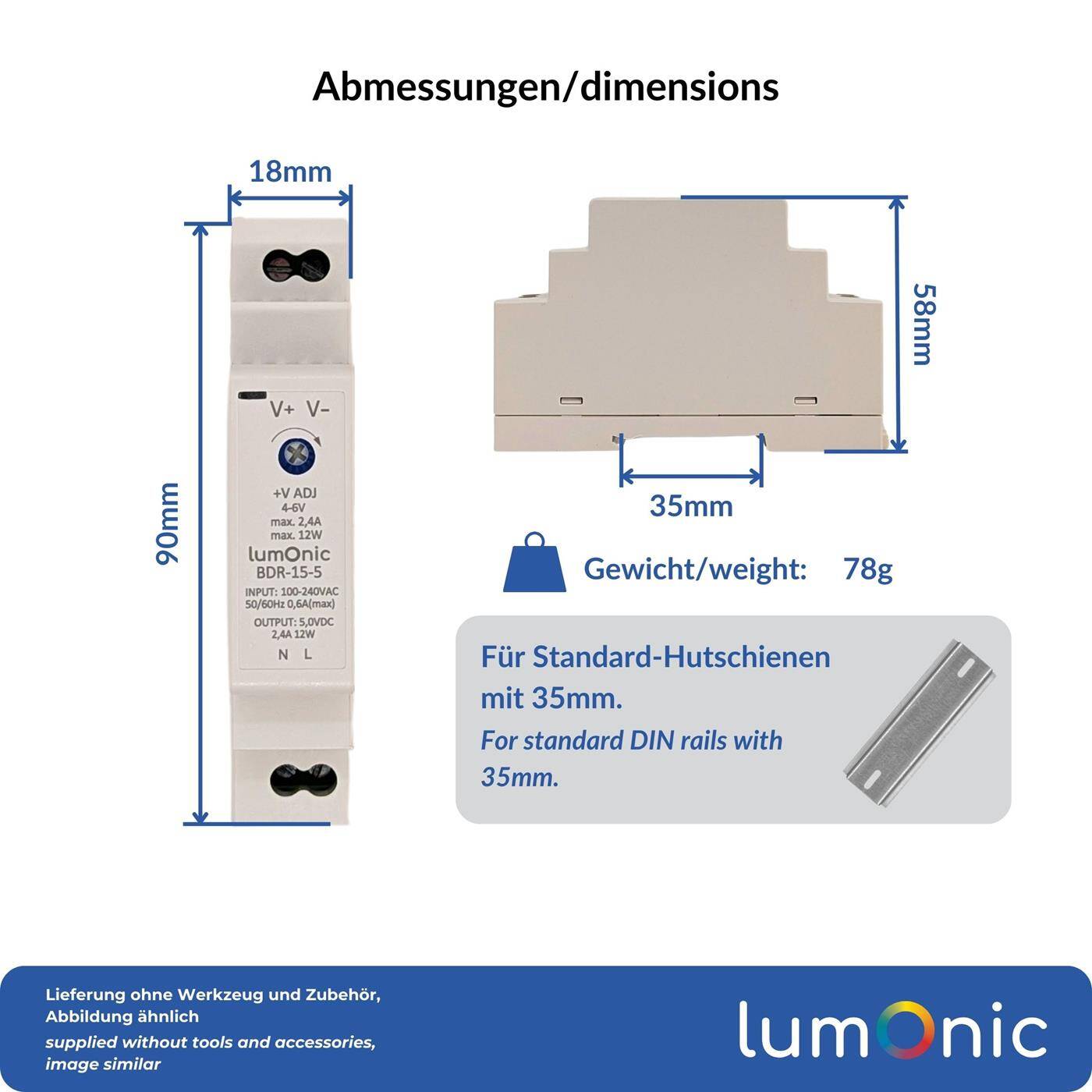 Lumonic I Netzteil Hutschiene BDR-15-5 I 5V / 12W I Input 100-240VAC I Überlastschutz & kurzschlussfest I DIN-Rail Schaltnetzteil I Schaltschrank & Verteilerkasten