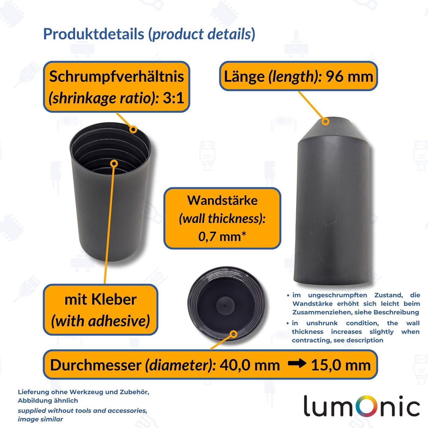 1 Stück Warmschrumpf Endkappe mit Kleber I 40 -> 15mm I schwarz I Verhältnis 3:1 I vernetztes Polyolefin I Schrumpfkappe I für Kabel, Rohre und Seile