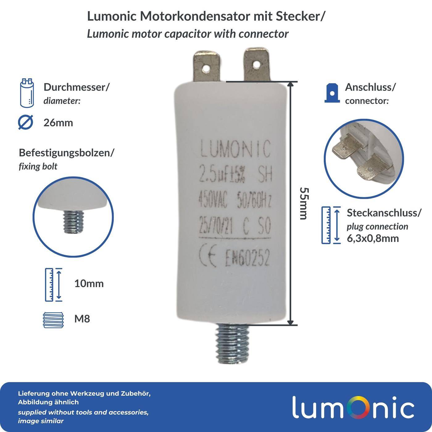Lumonic Anlaufkondensator 2,5µF 450V | mit Stecker I 26x55mm I 2,5uF I Motorkondensator mit Kunststoffgehäuse I Betriebskondensator I für Pumpen, Rasenmäher, Werkzeuge