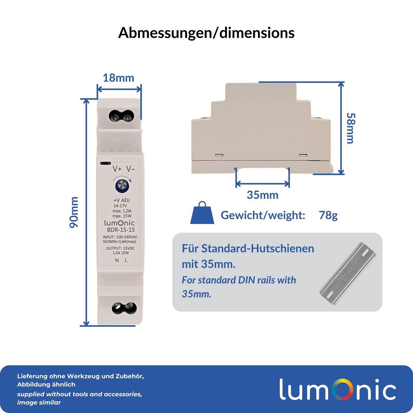 Lumonic I Top-hat rail power supply unit BDR-15-15 I 15V / 15W I Input 100-240VAC I Overload protection I DIN-Rail switching power supply I Switch cabinet