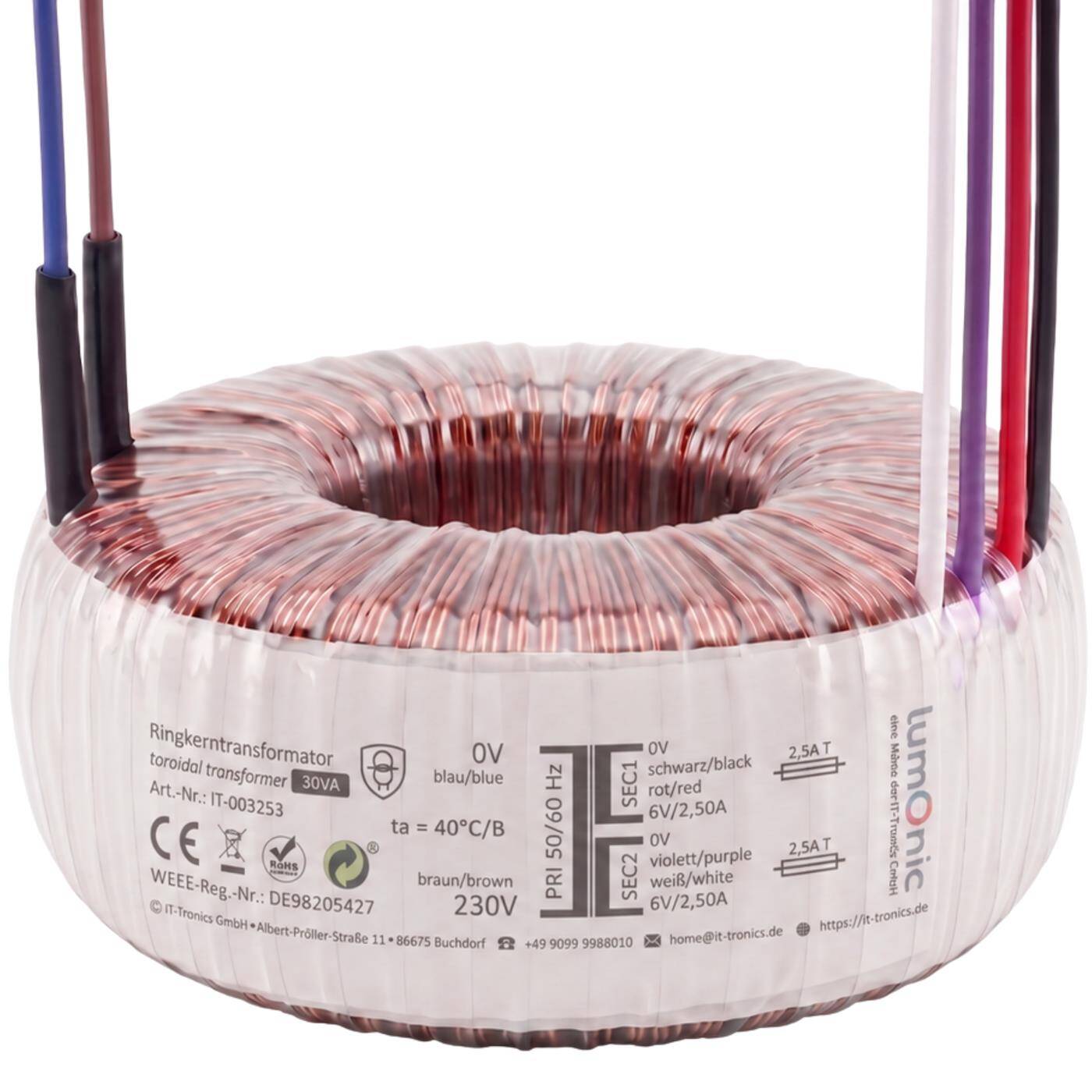 Lumonic Ringkerntrafo Transformator 30VA | Primär 230V AC | Sekundär 2x 6V AC oder 1x 12V AC | Brummarm | Transformator für HiFi Audio Verstärker