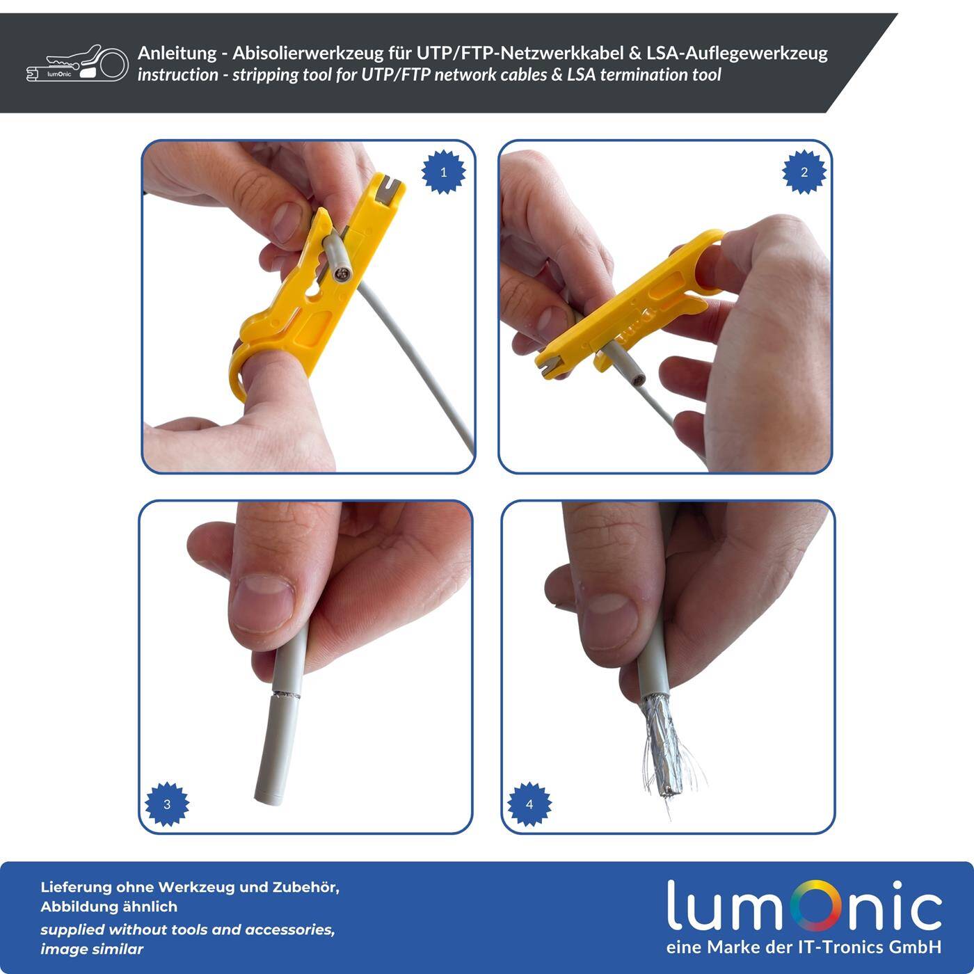Lumonic Abisolierwerkzeug für UTP/FTP-Netzwerkkabel & LSA-Auflegewerkzeug - Kabel-Abisolierer, Netzwerkwerkzeug, auch als LSA-Auflegewerkzeug, CAT5e/CAT6, Mini, gelb, Patchpanel, RJ45