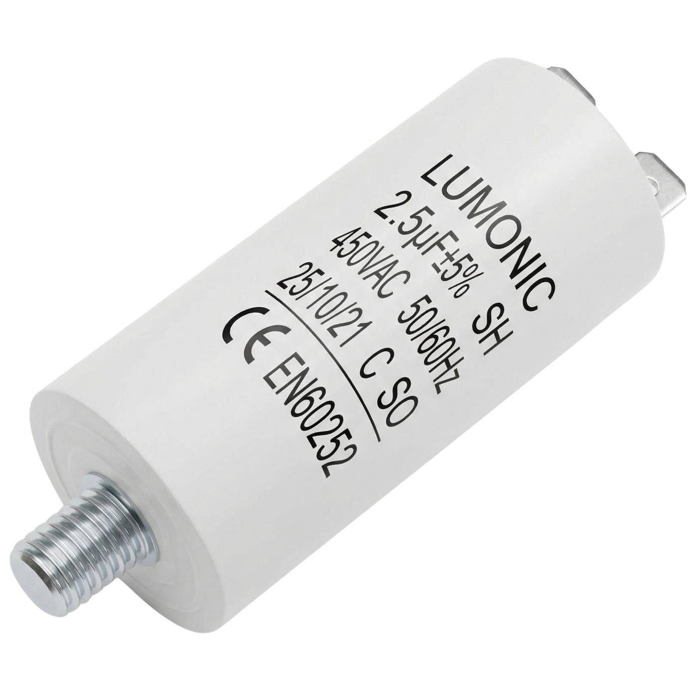 Lumonic Anlaufkondensator 2,5µF 450V | mit Stecker I 26x55mm I 2,5uF I Motorkondensator mit Kunststoffgehäuse I Betriebskondensator I für Pumpen, Rasenmäher, Werkzeuge