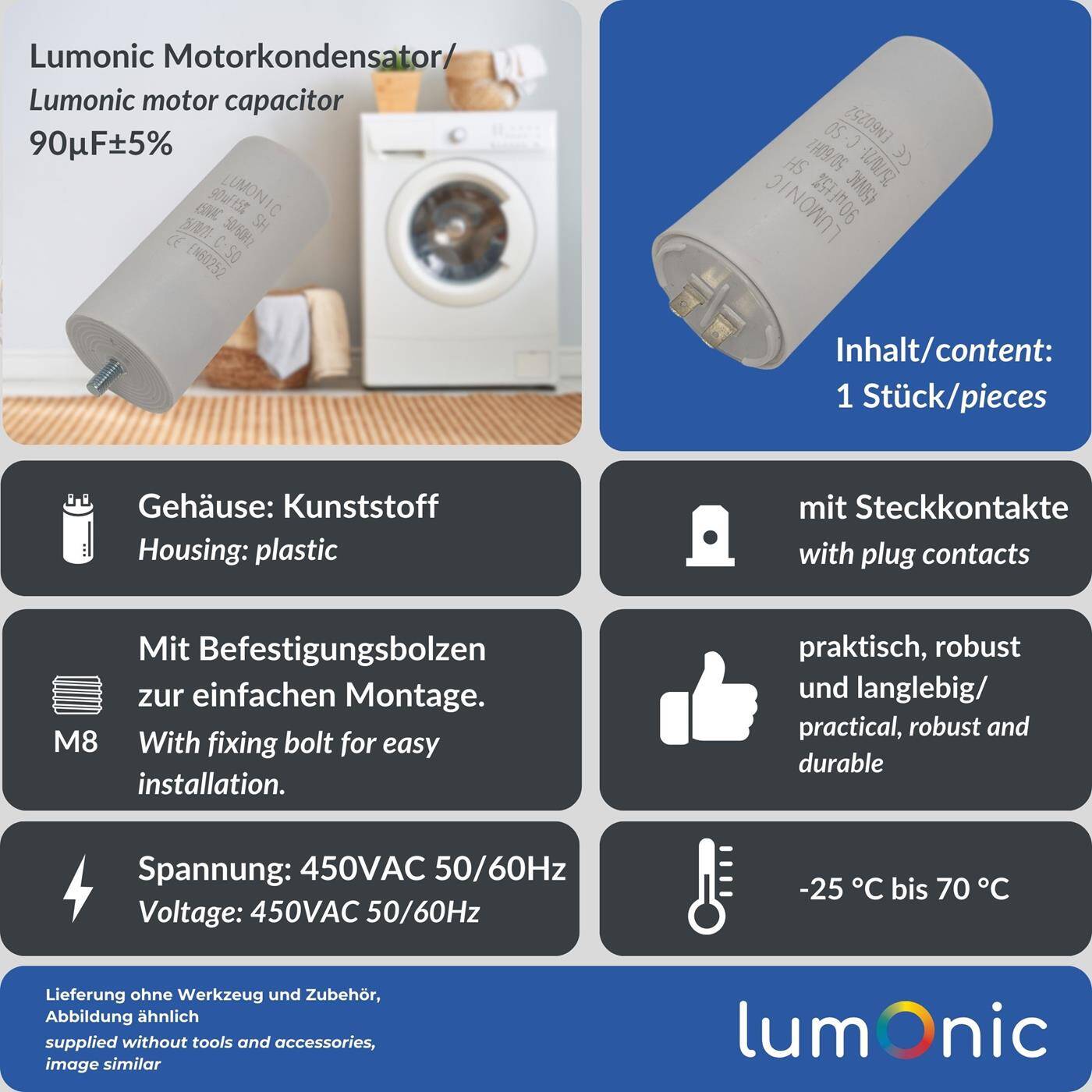 Lumonic Anlaufkondensator 90µF 450V | mit Stecker I 55x120mm I 90uF I Motorkondensator mit Kunststoffgehäuse I Betriebskondensator I für Pumpen, Rasenmäher, Werkzeuge
