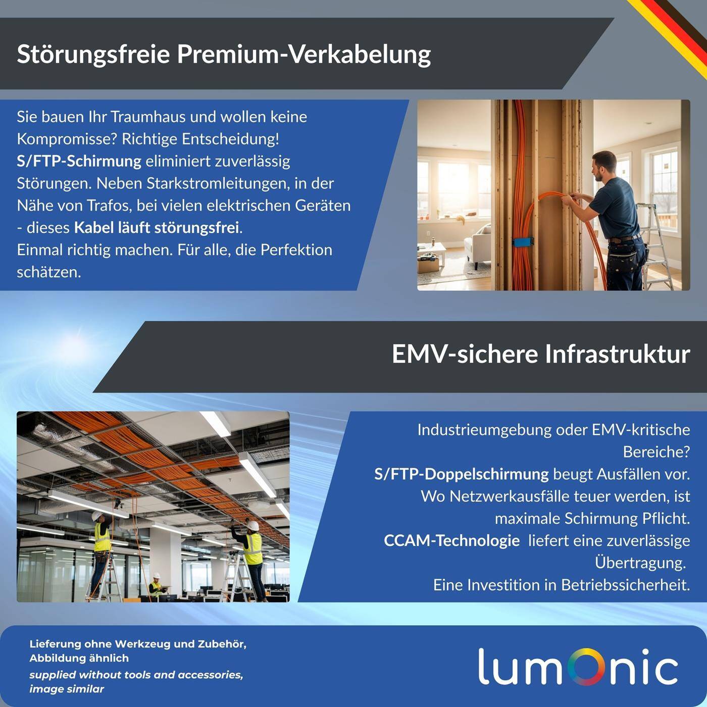 Lumonic LAN Network cable 50m | LAN Cable CAT6 S/FTP | Installation Cable 4x 2x AWG24/1 (solid) | 250MHz 10 Gbit/s Ethernet