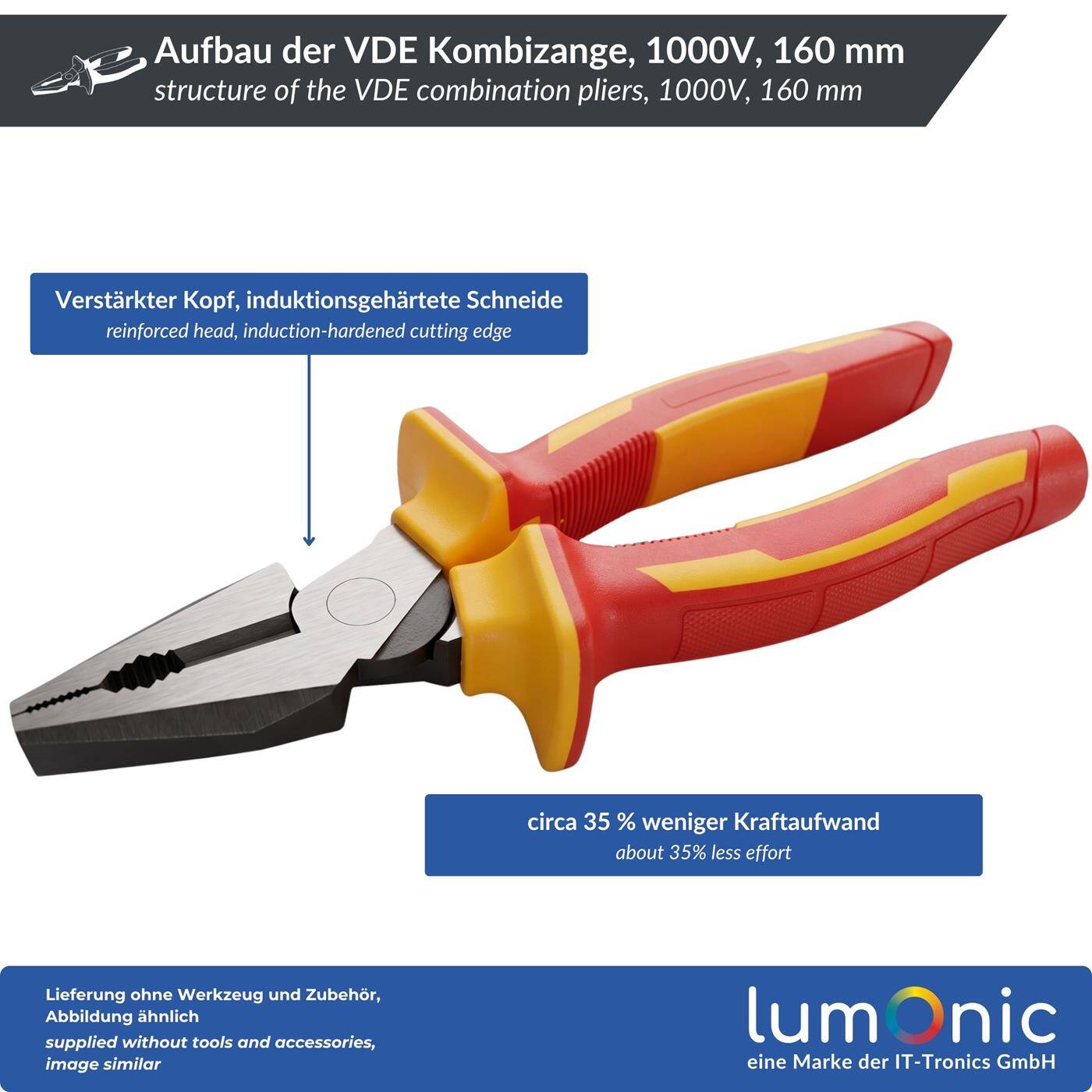 Lumonic VDE Combination Pliers, 1000 V Heavy-Duty Model, 160 mm - 60CrV steel with induction-hardened cutting edge, two-component handle, for electricians and residential wiring