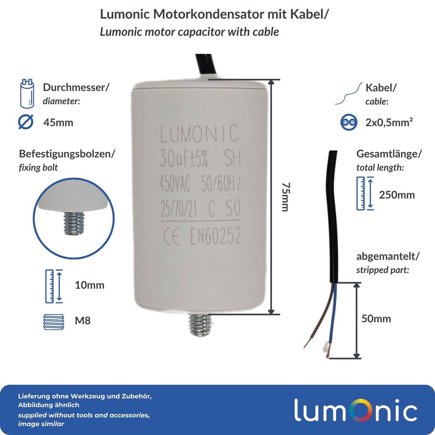 Lumonic Anlaufkondensator 30µF 450V | mit Kabel I 45x75mm I 30uF I Motorkondensator mit Kunststoffgehäuse I Betriebskondensator I für Pumpen, Rasenmäher, Werkzeuge