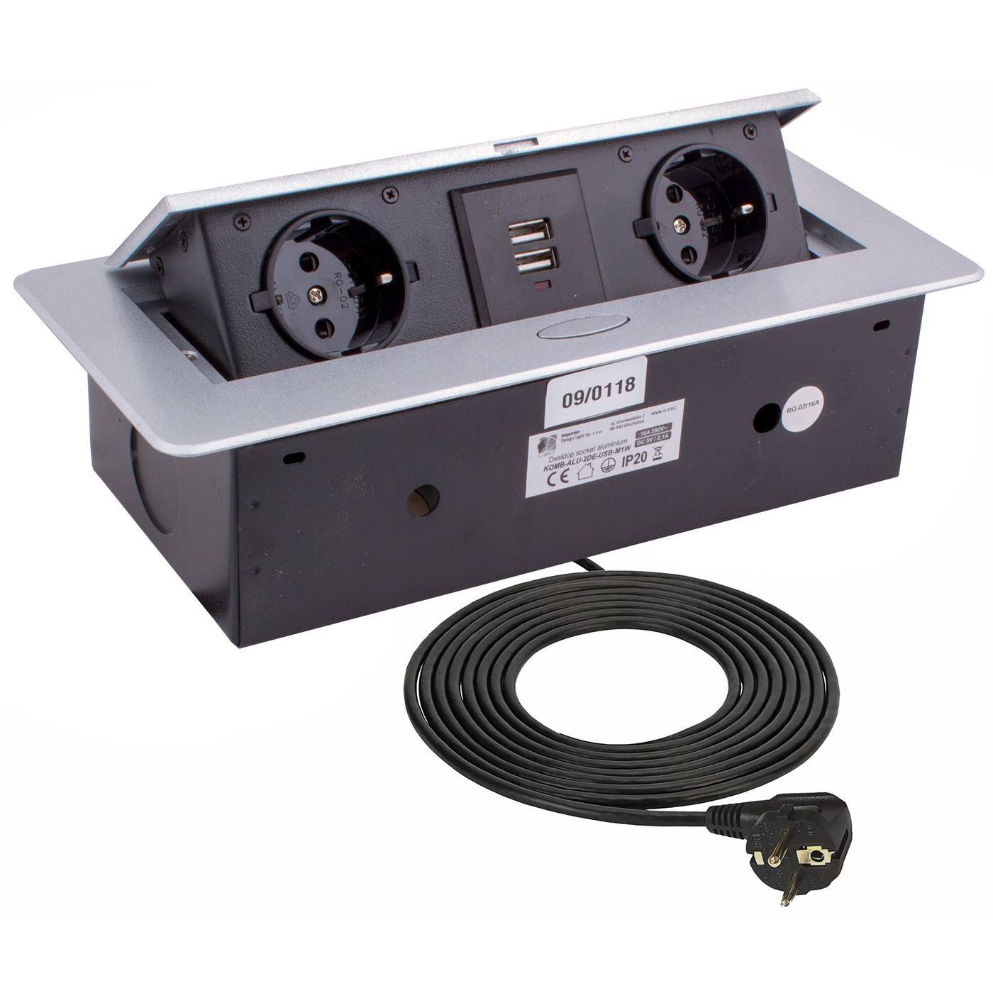 KombiBox 2x Protective contact Socket outlet + 2x USB 2,4A Table socket outlet Hinged cover Aluminium