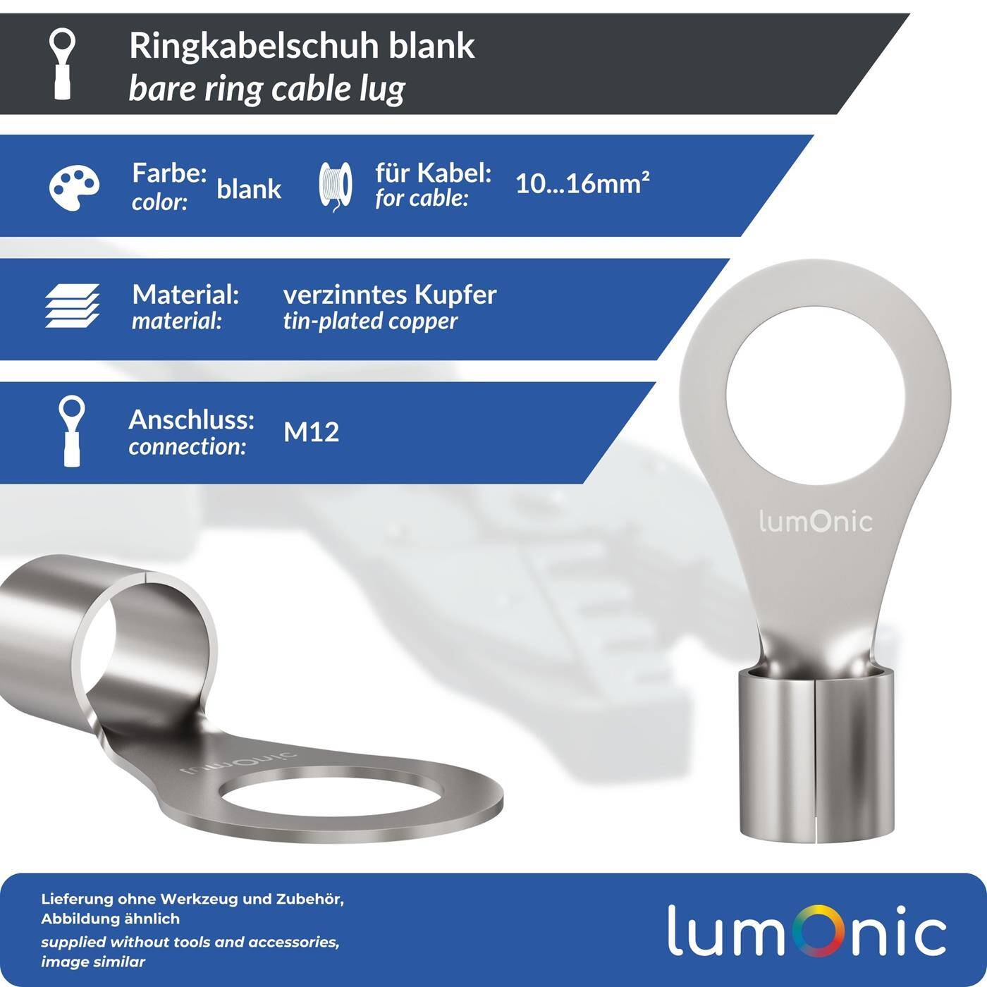 25x Ringkabelschuh blank 10-16mm² Lochdurchmesser M12 Ringzunge Kupfer verzinnt