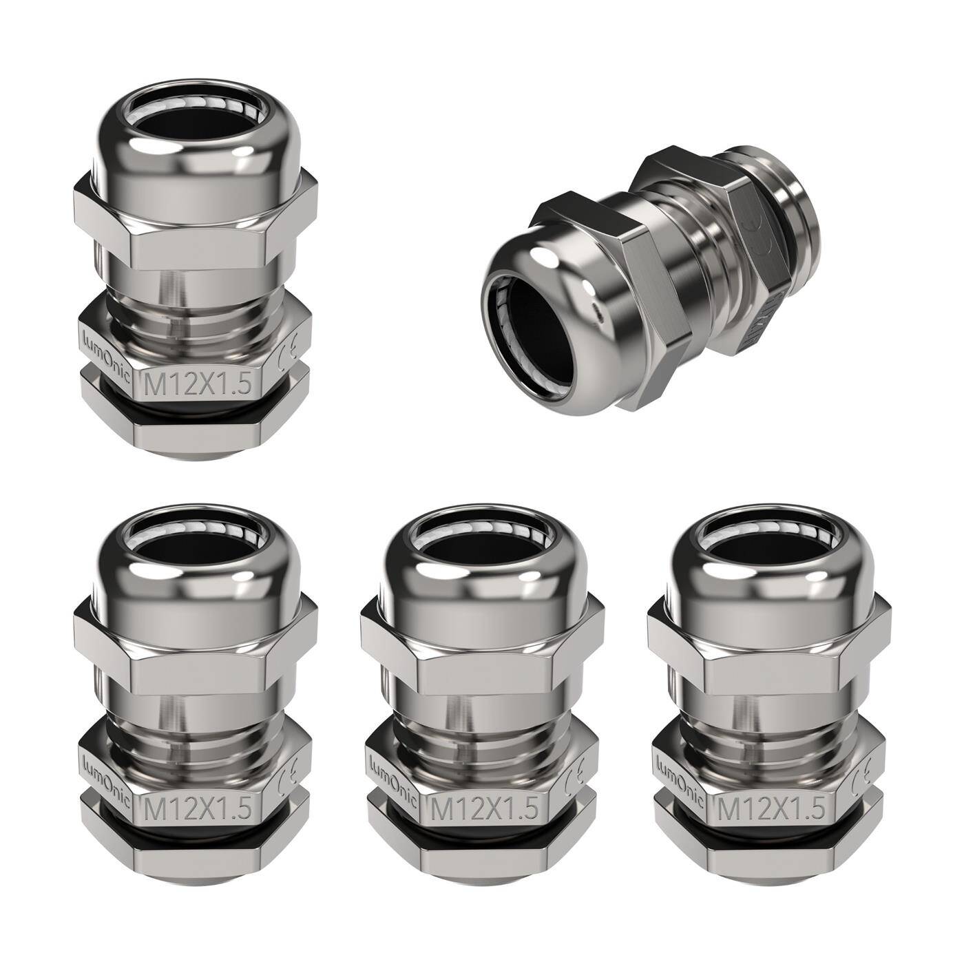 Set of 5 metal cable glands M12, Clamping range 4-8mm, IP68, with locknut, Nickel-plated brass, EMC, -40...+100°C, corresponds to PG7
