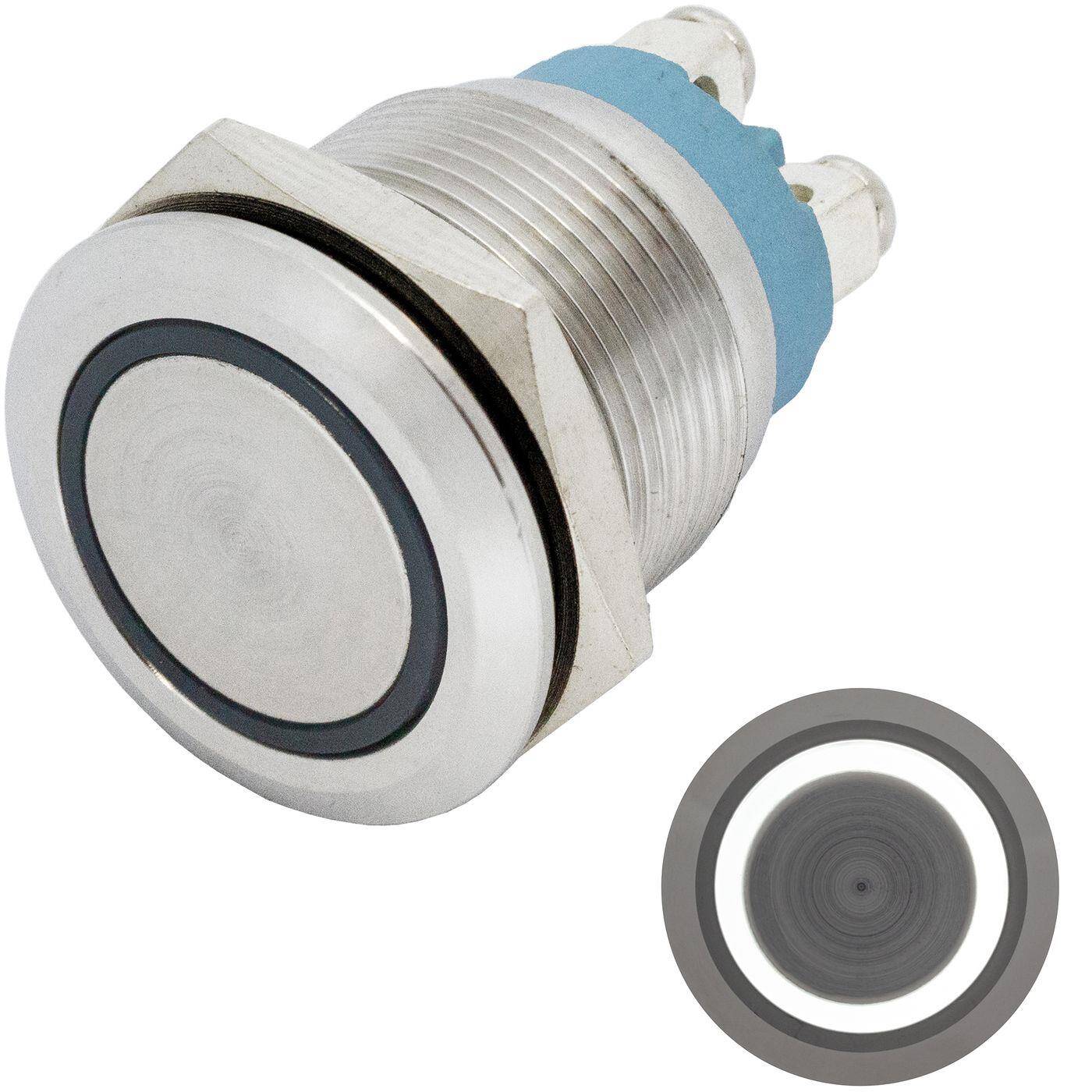 Lumonic Edelstahl Drucktaster flach 19mm Durchmesser I Mit einer Ring LED in Kalt-Weiß Maße: Schraubanschluss 250V 3A I Vandalismussicher nach dem IP65 Standard