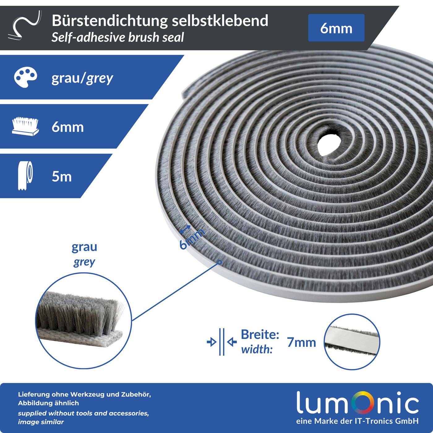 Lumonic 5m Brush seal gray 6mm | Self-adhesive + Can be cut to size | Draught excluder, cold protection, insect screen for windows, doors, cupboards