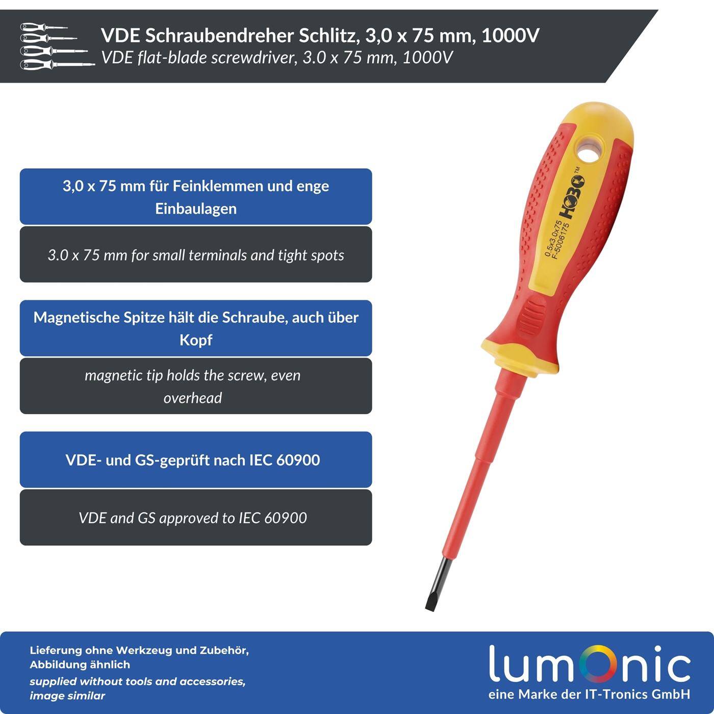 Lumonic VDE Flat-Blade Screwdriver, 3.0 x 75 mm, 1000 V - S2 steel, blued, magnetic tip, two-component handle, for terminals, switches, and control cabinets
