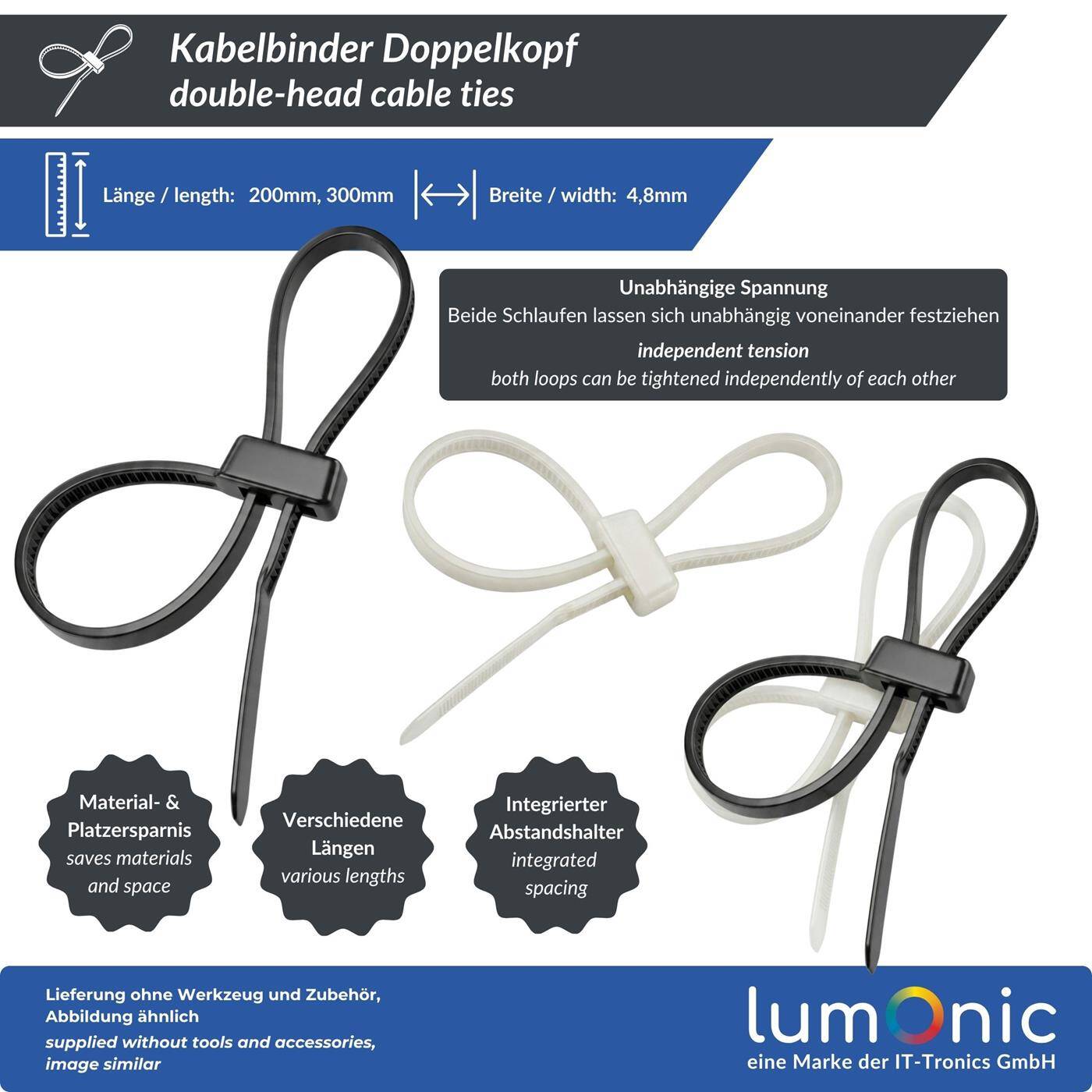 Lumonic 100 Stück Kabelbinder Doppelschlaufe  | 200 × 4,8mm | bis 22kg Zugfestigkeit | Nylon PA6.6, UV-Beständig | Zwei Bündel an einem Fixpunkt | Kabelmanagement, Industrie, Haushalt