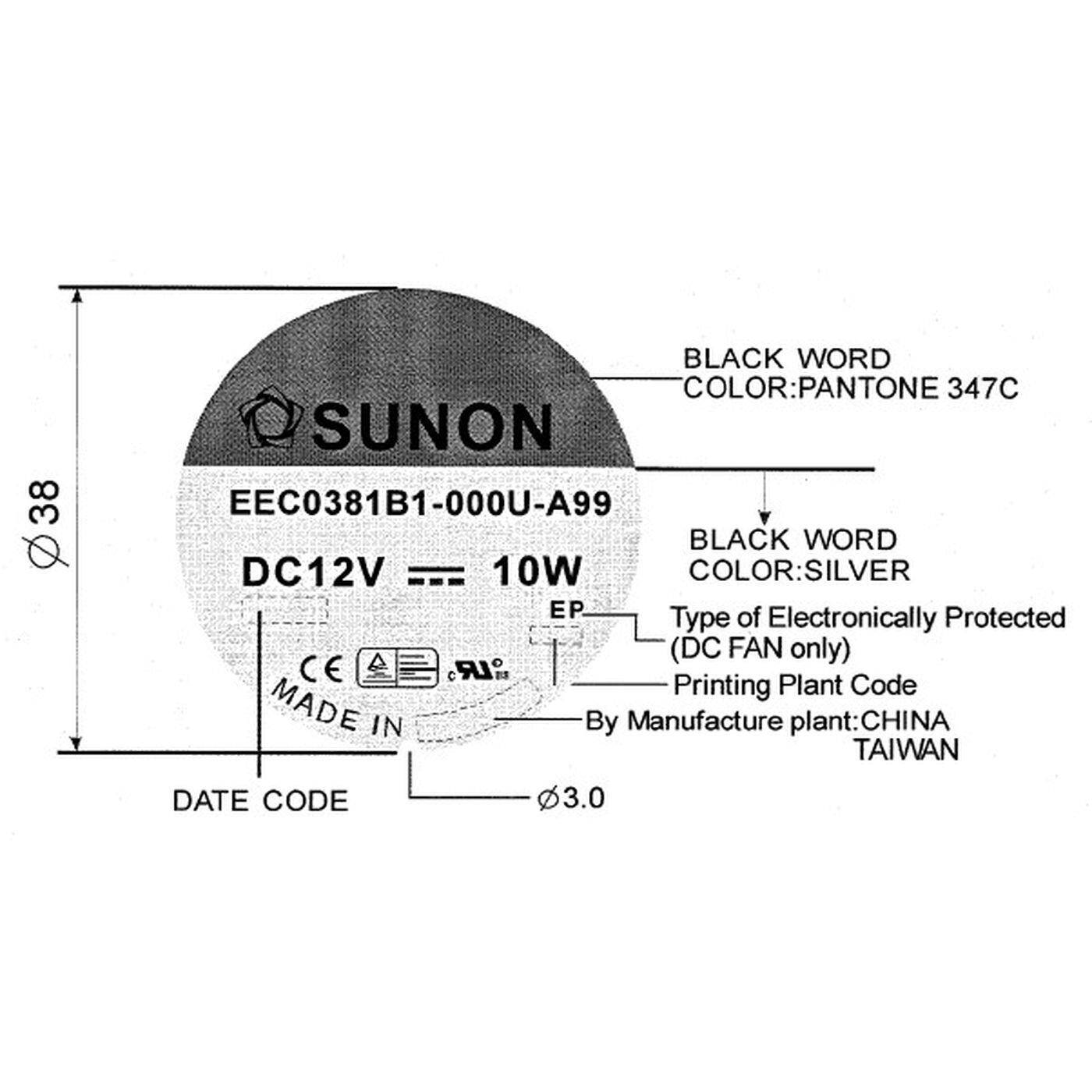 Lüfter 12V DC 9,6W 120x120x38mm 234,4m³/h 3100U/Min 234,4m³/h Sunon EEC0381B1-A99
