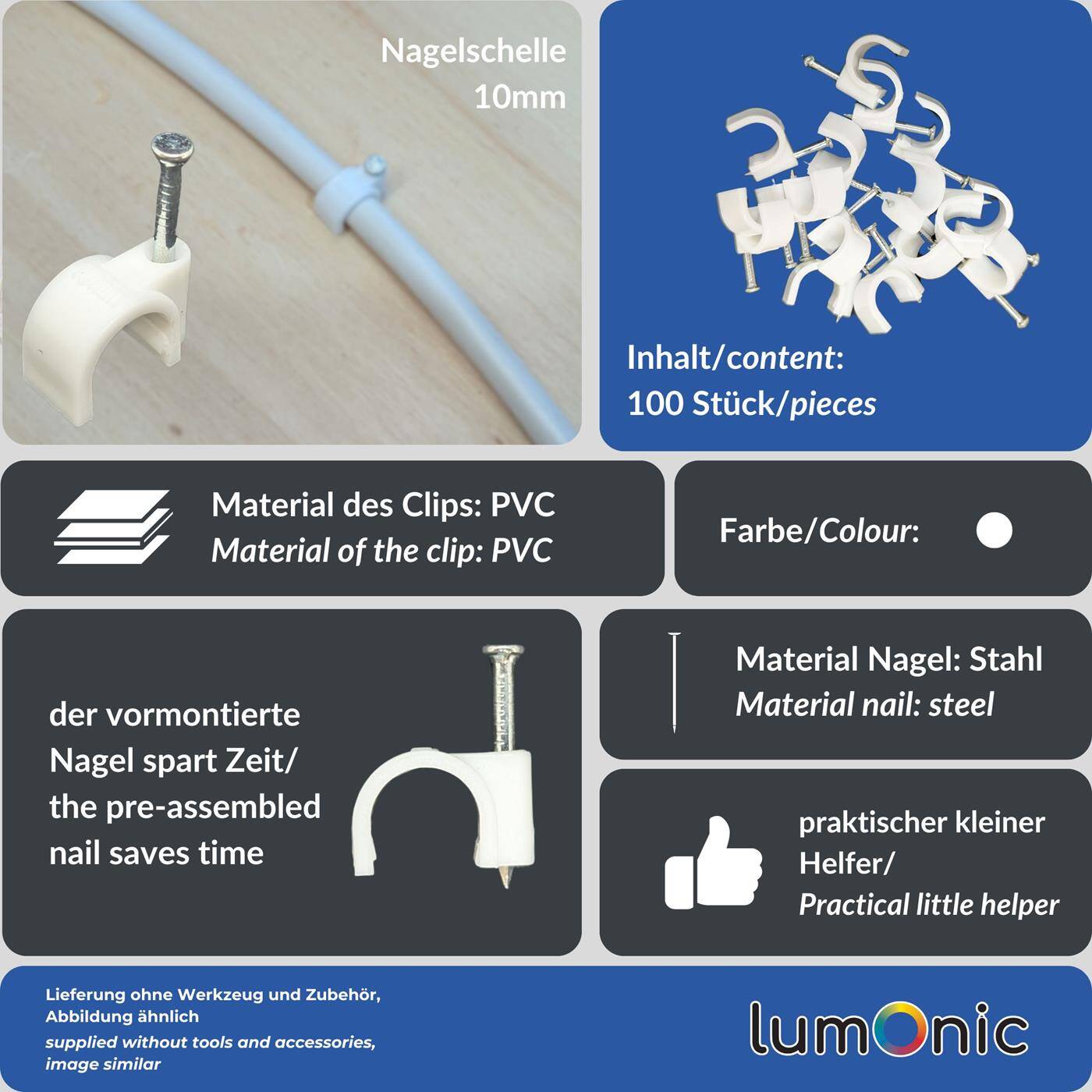 Lumonic 100x Nagelschelle 10mm für Kabel weiss - Kabelschelle mit 22mm Nagel z.B. zur Befestigung an der Wand - Kabelklemmen verschiedene Größen 4-14mm