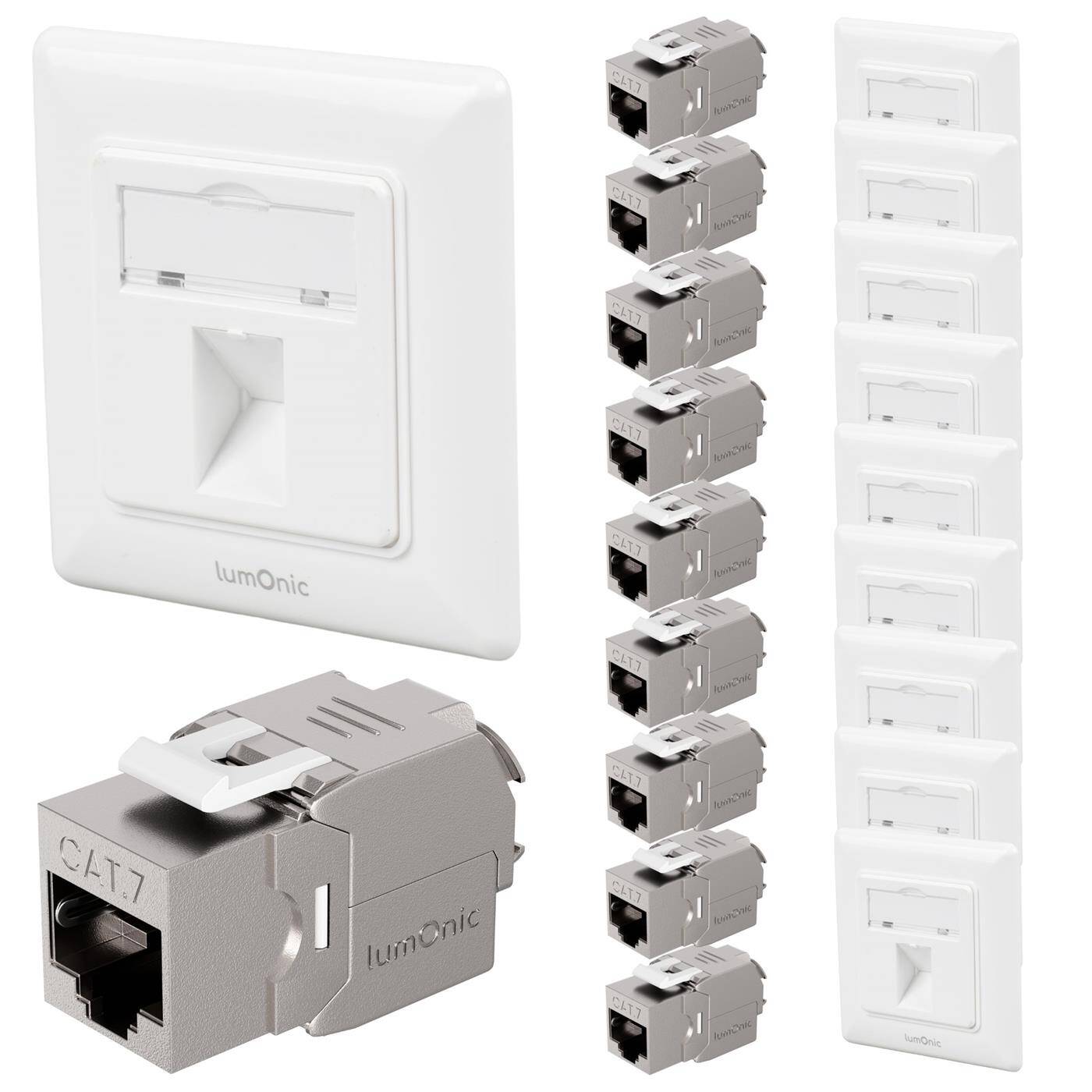 10er Set Keystone-Rahmen Unterputz inklusive CAT7 Modul, 1-Port Snap-In I werkzeuglose Montage, Standard 55 System, Ethernet-Buchse bis zu 10 Gbit für AWG22-24, RJ45 vollgeschirmt,