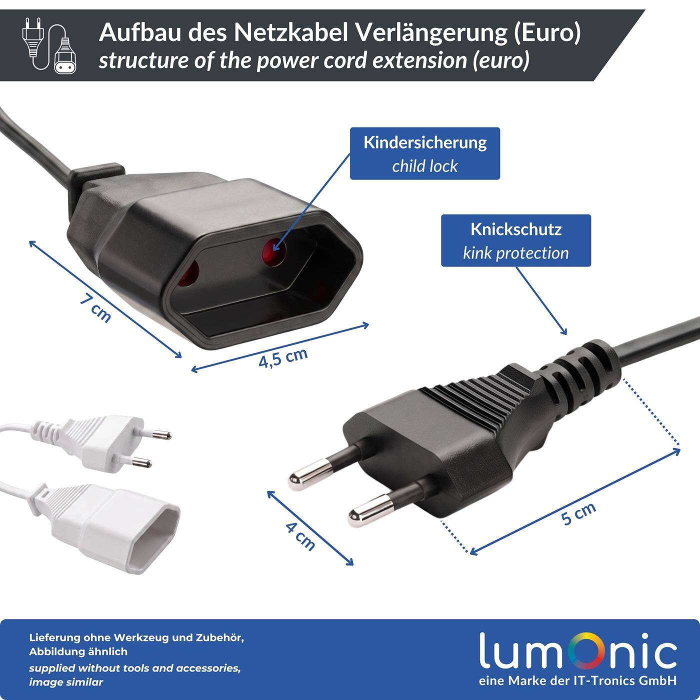 Lumonic Euro-Plug Extension Cord, Black, 5 m, 230 V - Flat plug design with kink protection, child-safety feature in the outlet, for lights and small appliances, can be routed out of sight