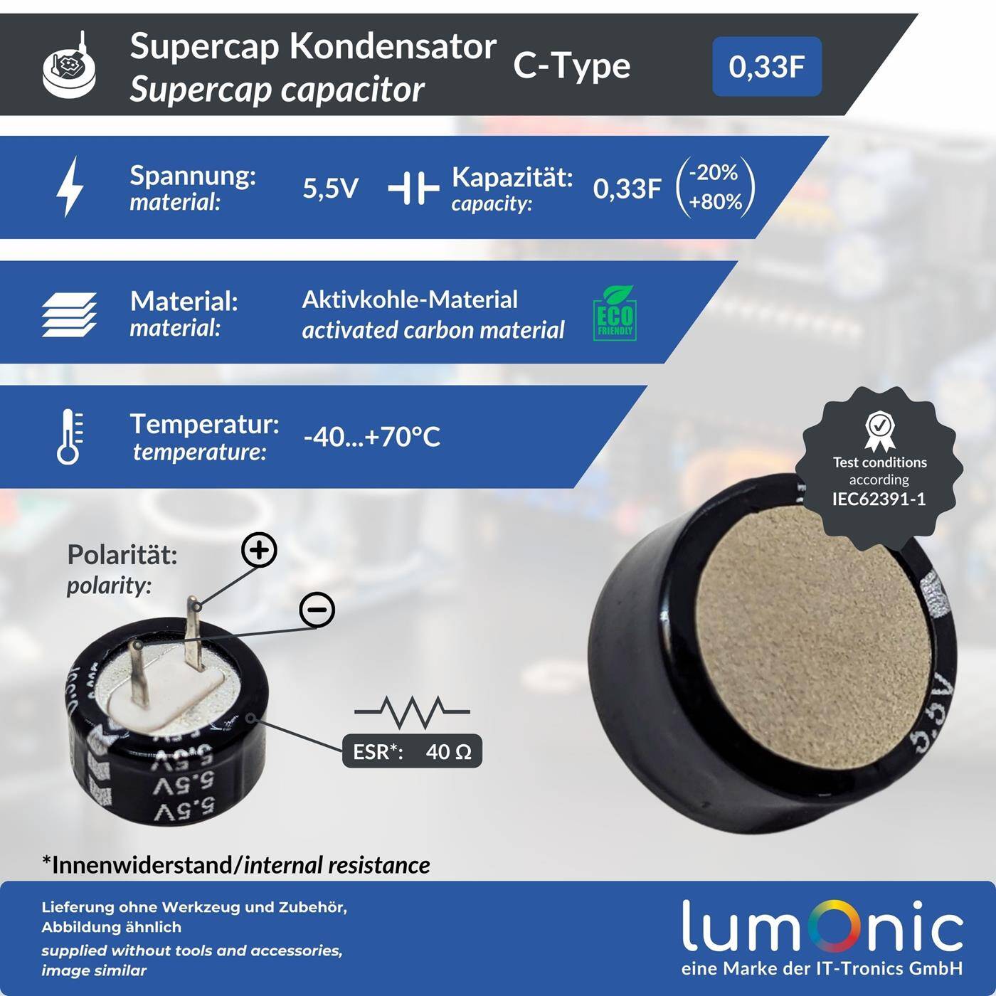 Lumonic Supercap 0,33F 5,5V C-Type | EDLC for direct use, high capacity | 5.5V monoblock - no balancing necessary | Flicker protection, backup, PLC, heating