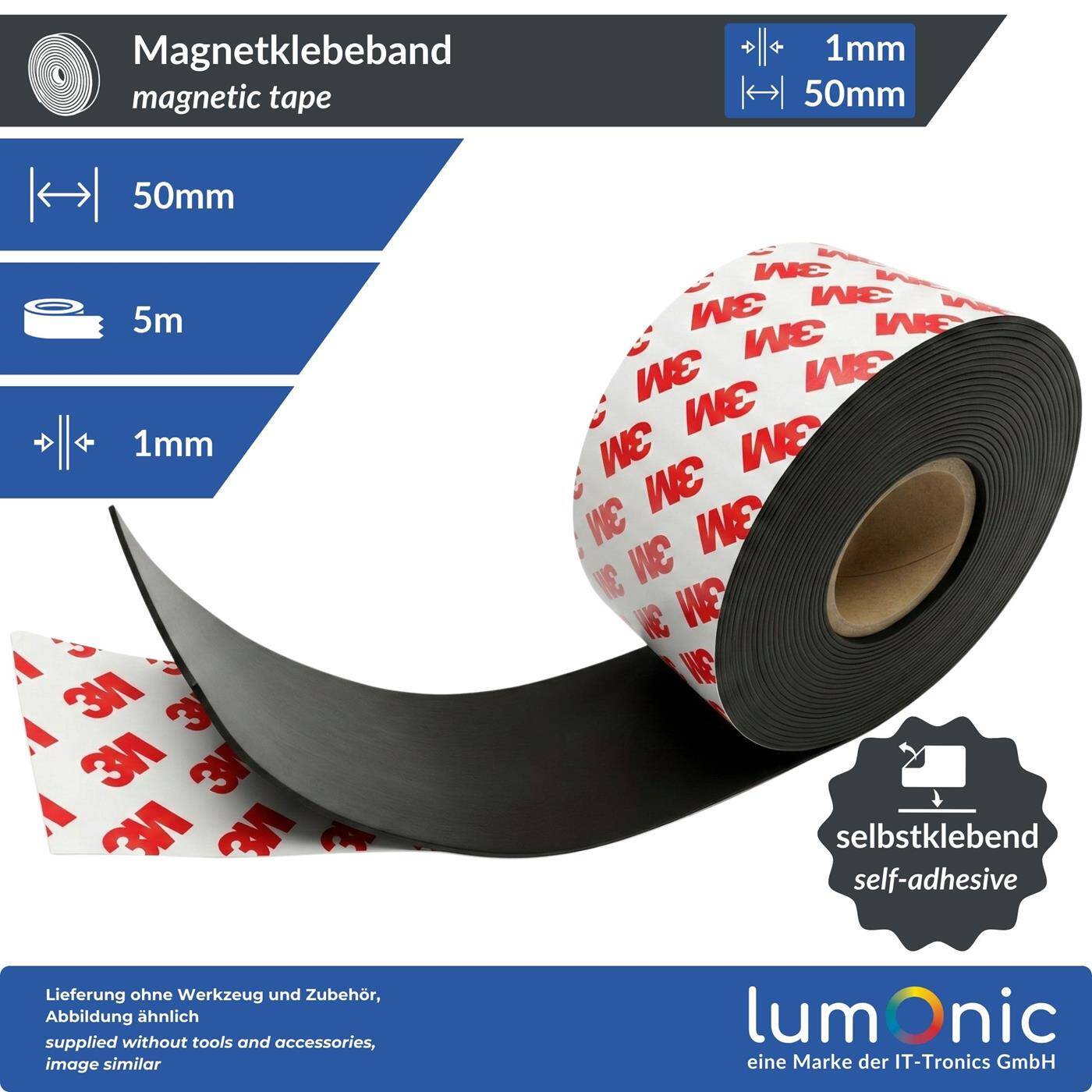 Lumonic 5m Magnetic tape | 50x1mm | Flexible, self-adhesive, can be cut to size, without drilling | Fly screen, school and blackboard