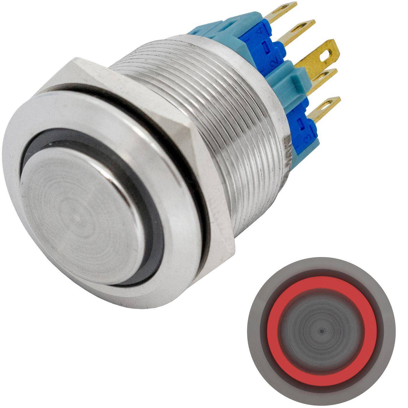 Edelstahl Drucktaster erhaben Ø22mm Ring LED Rot IP65 2,8x0,5mm Pins 250V 3A Vandalismussicher
