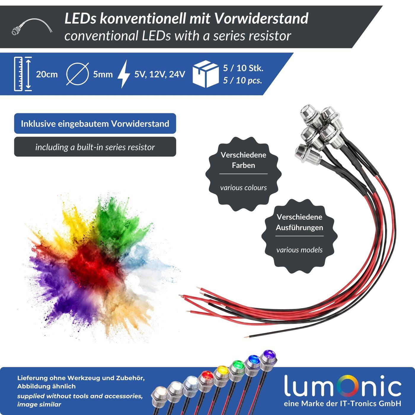 Lumonic 10x Superhelle Schraub LEDs mit Vorwiderstand für 24V Anwendungen - High Power LEDs mit Anschlusskabel zum selber Löten DIY in Farbe Grün - Durchmesser: 5mm