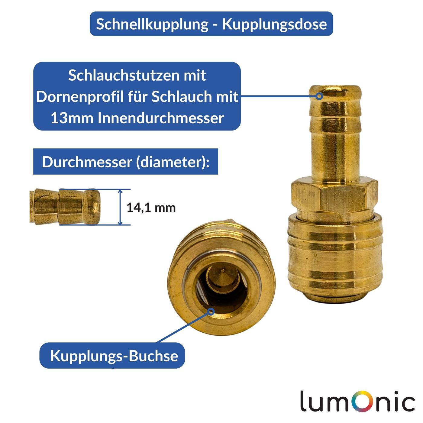 Lumonic I Coupling socket with hose nozzle I for 13mm hose I made of brass I Compressed air coupling socket I Quick coupling I for workshops, businesses and DIY enthusiasts