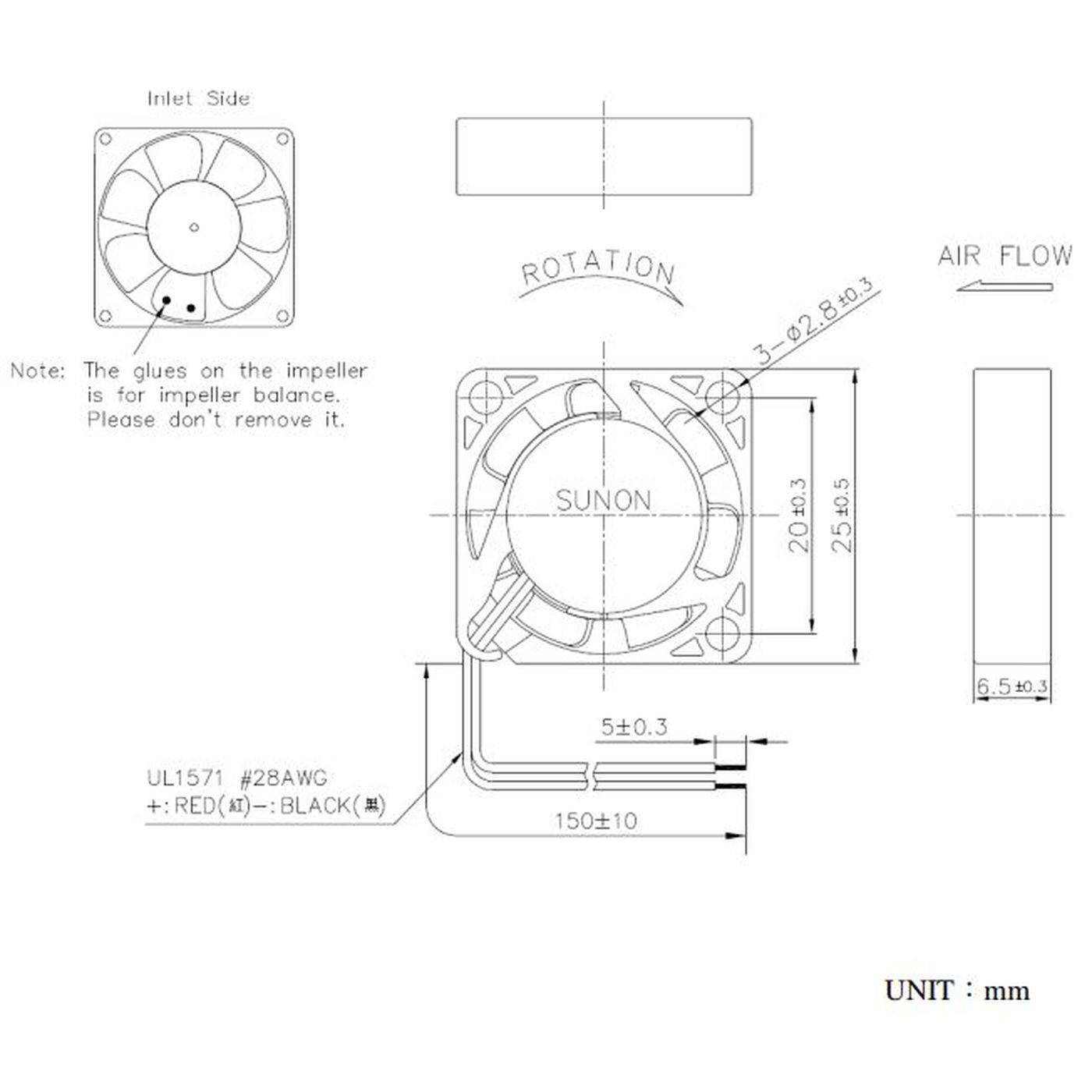Fan 5V DC 0,38W 25x25x6mm 3,7m³/h 10000U/Min 3,7m³/h Sunon MF25060V21000UA99