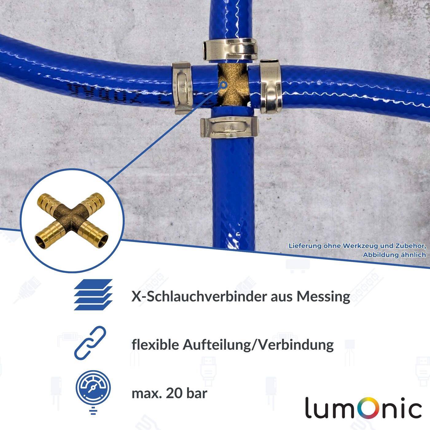 X-hose connector for 9mm (3/8") hose made of brass Cross connector X-piece with spike profile Compressed air for workshops, businesses and DIY enthusiasts