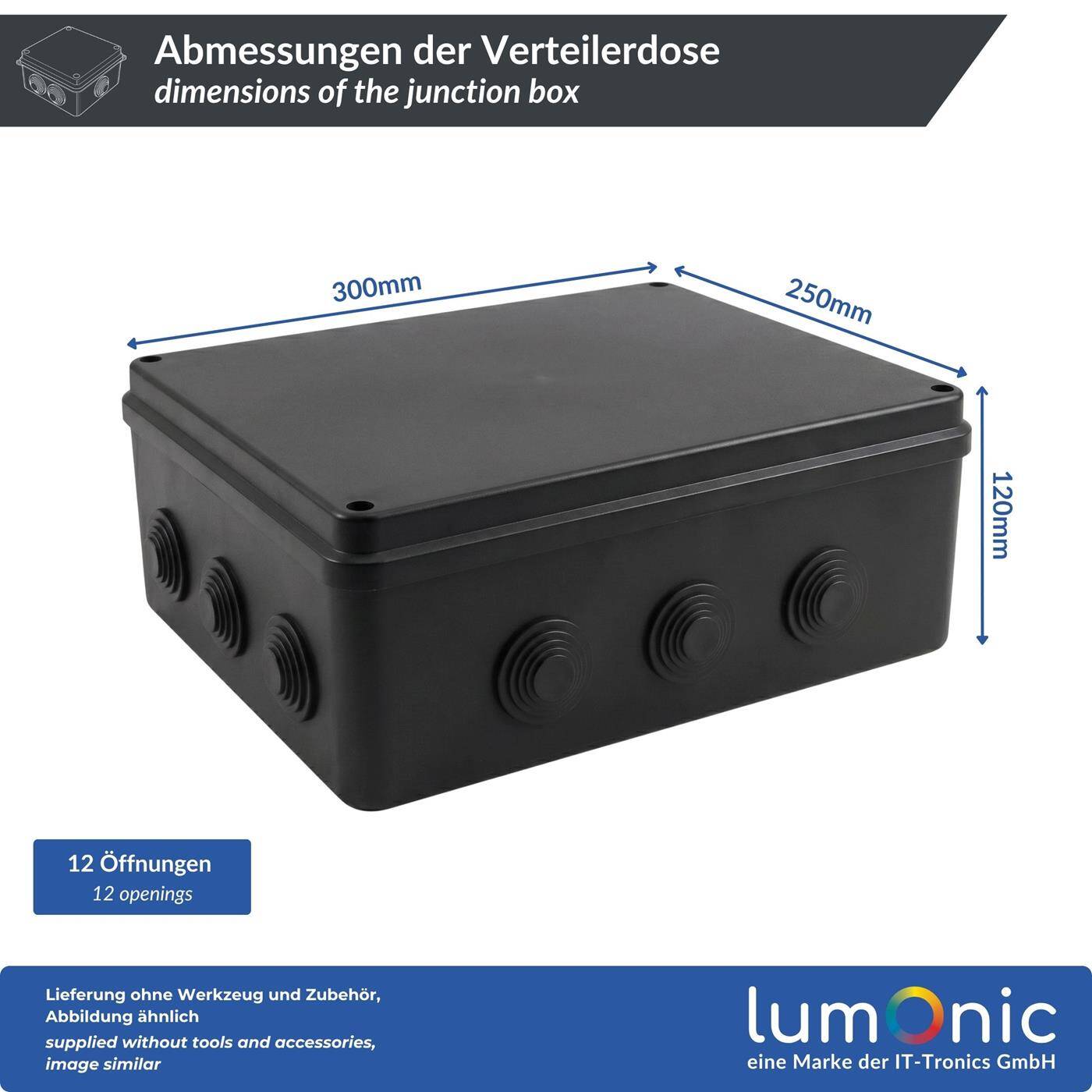 Lumonic Surface-mounted junction box IP65 black | extra large, 300x250x120mm, 12 cable entries | Screwed lid | High-quality PVC | Large interior space for top-hat rails, terminal blocks and actuators