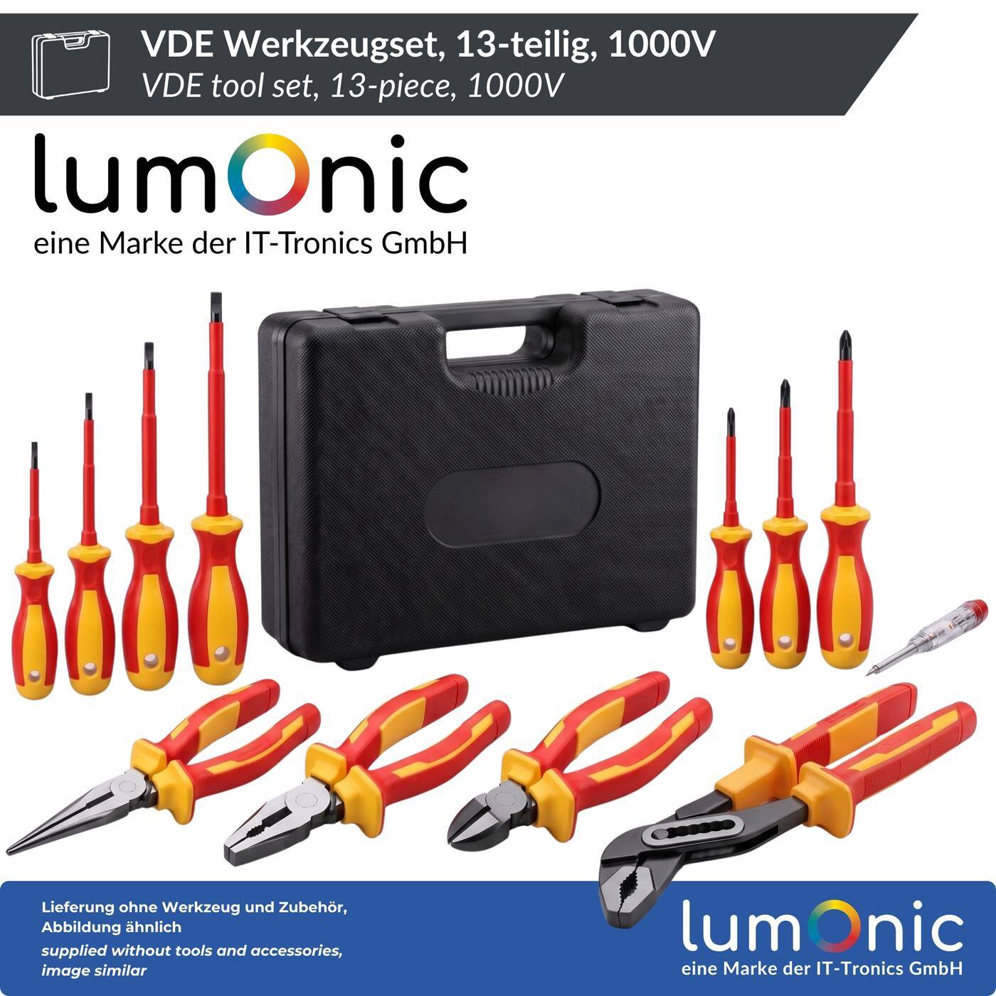 Lumonic VDE 13-Piece 1000V Tool Set in a Case - 4 pliers (including a water pump pliers), 7 screwdrivers, 250V voltage tester, plastic case, for electricians