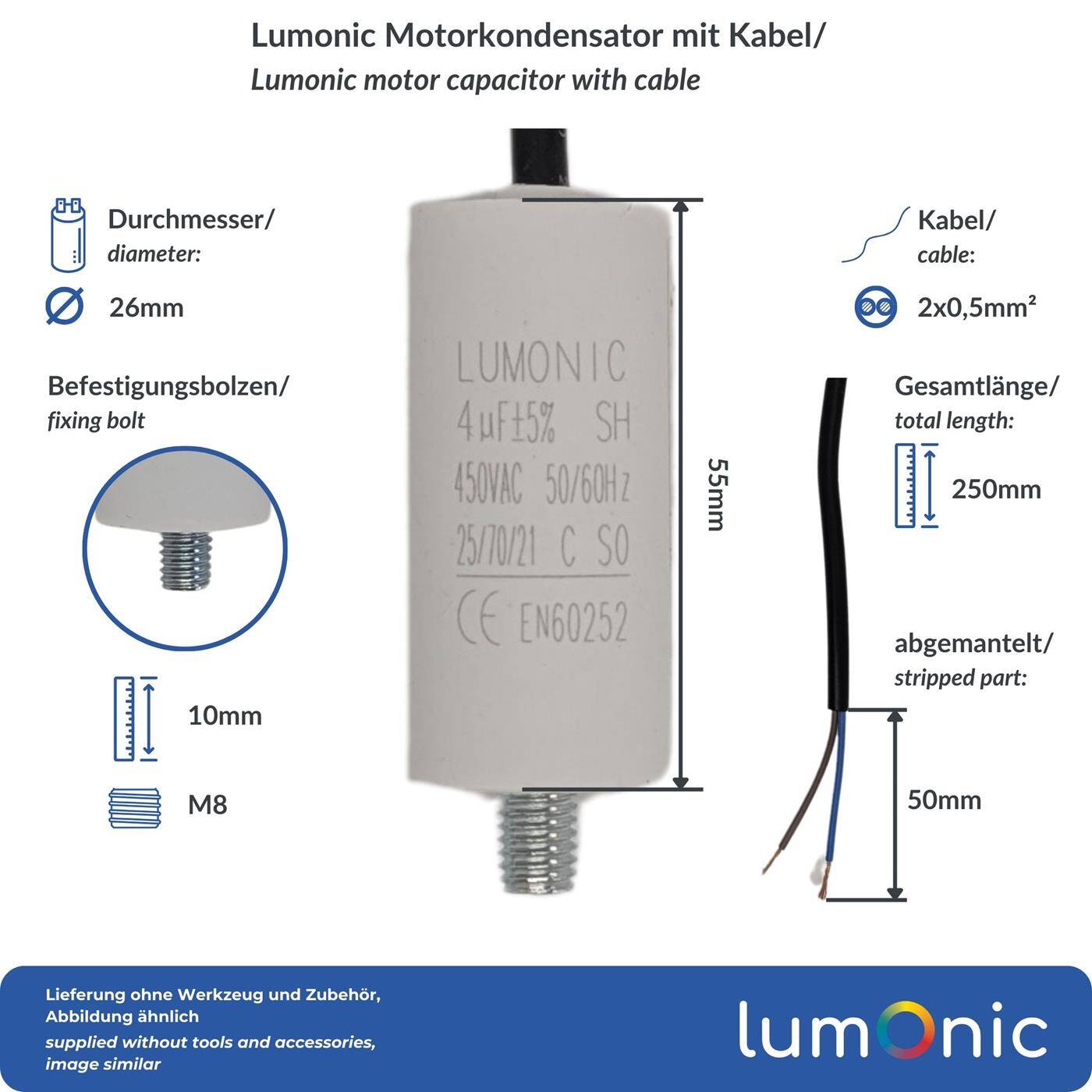 Lumonic Anlaufkondensator 4µF 450V | mit Kabel I 26x55mm I 4uF I Motorkondensator mit Kunststoffgehäuse I Betriebskondensator I für Pumpen, Rasenmäher, Werkzeuge