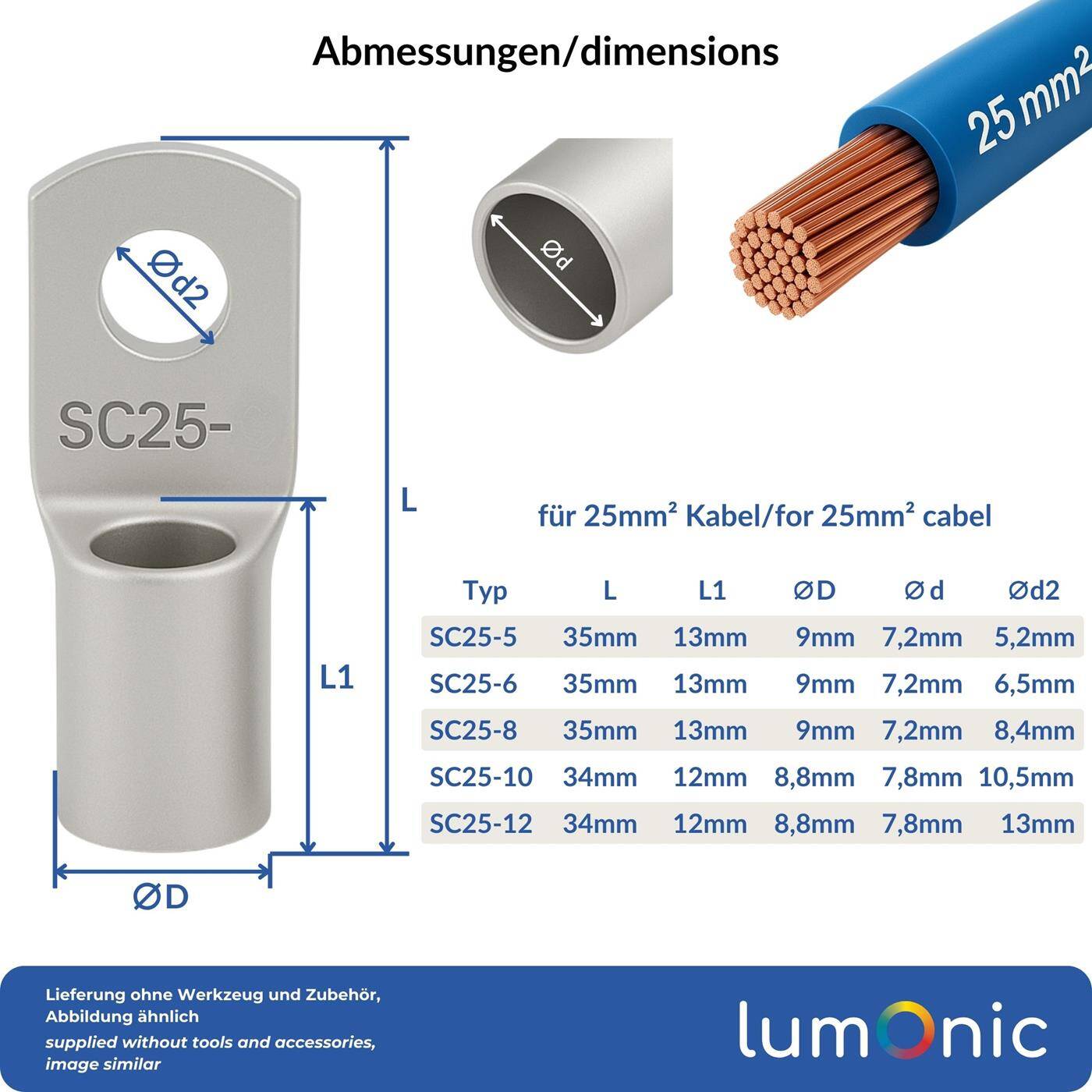 10x Rohrkabelschuh blank 25mm² Lochdurchmesser M10 SC25-10 Ringzunge Kupfer verzinnt