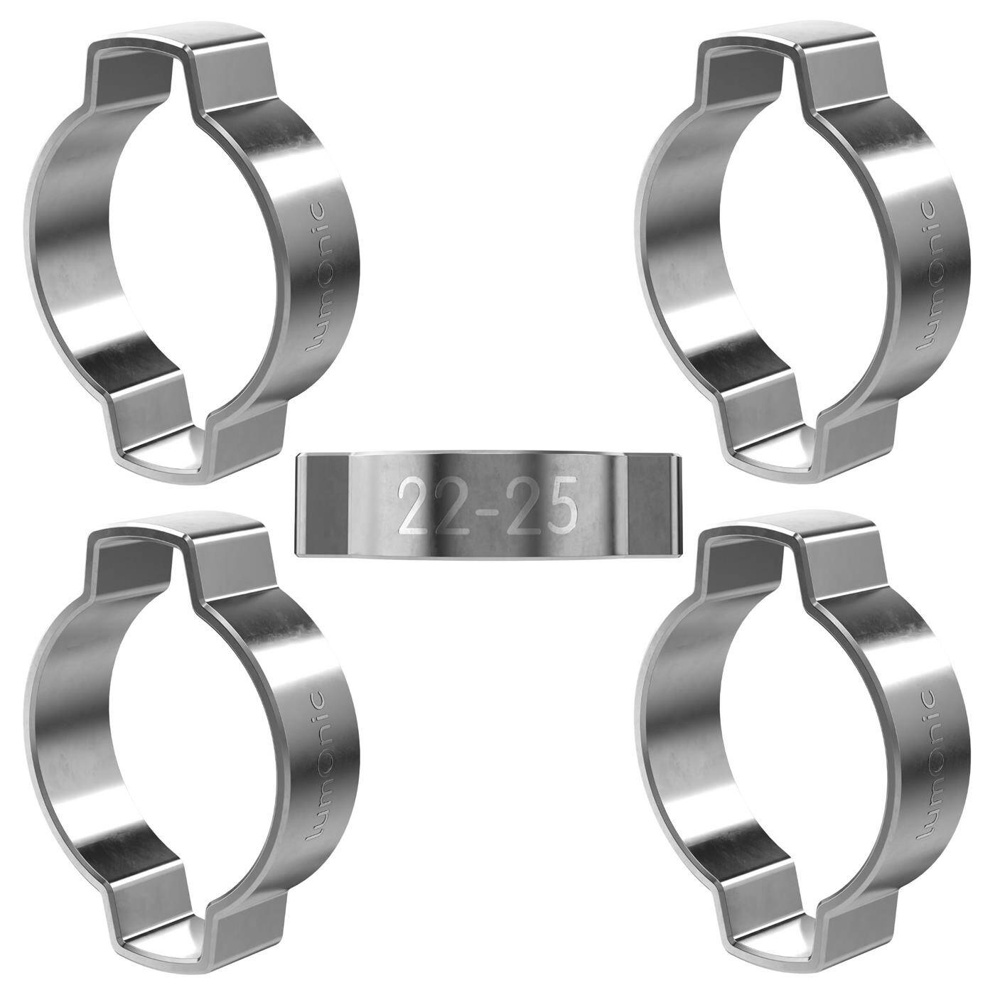 Lumonic I 5x 2-Ohr-Schelle 22-25mm I V2A Edelstahl I Zweiohrschelle I Schlauchschelle I für Druckluft, Rohrsysteme, Garten, KFZ