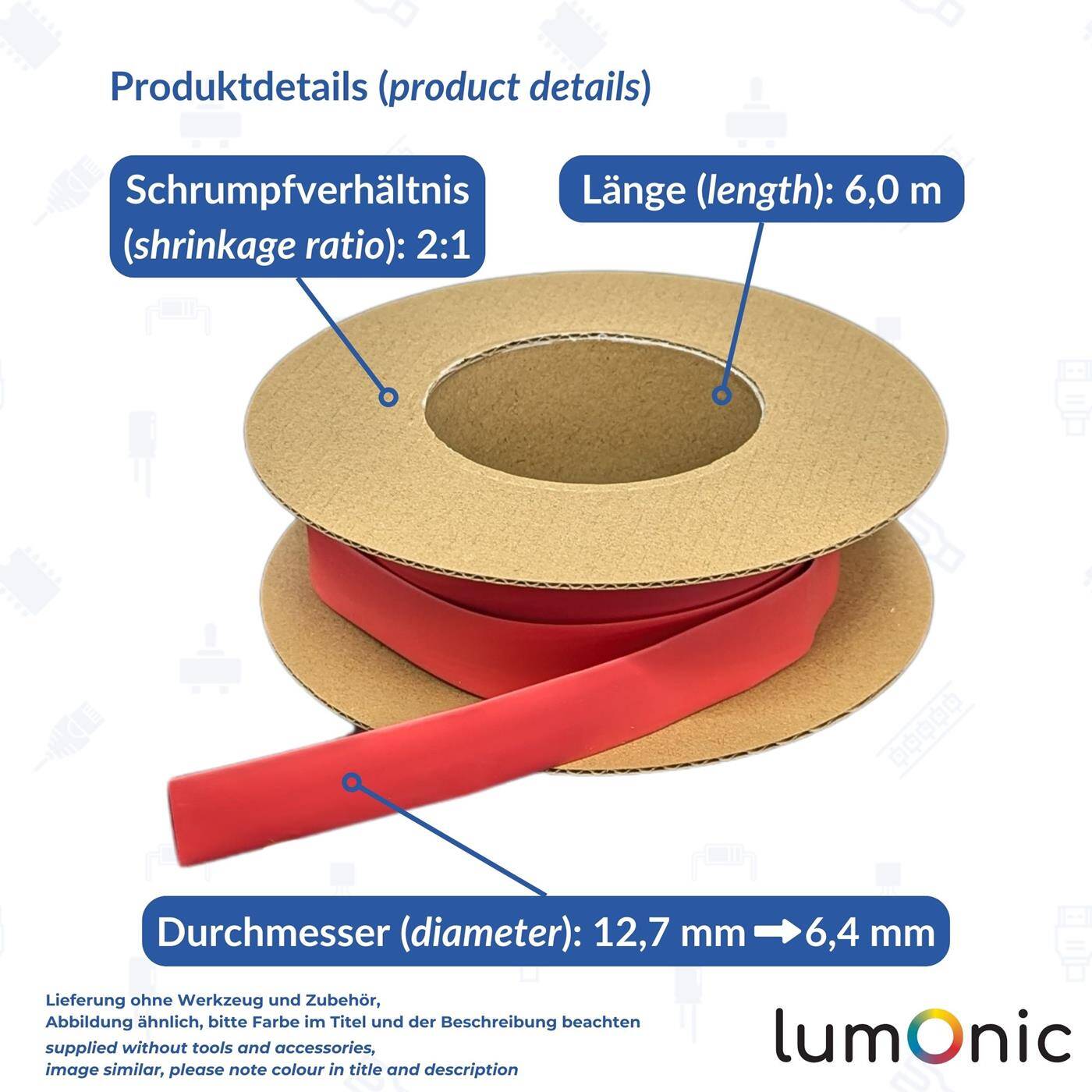 6m Heat shrink tubing Box 2:1 12,7 -> 6,4mm Red Flexible