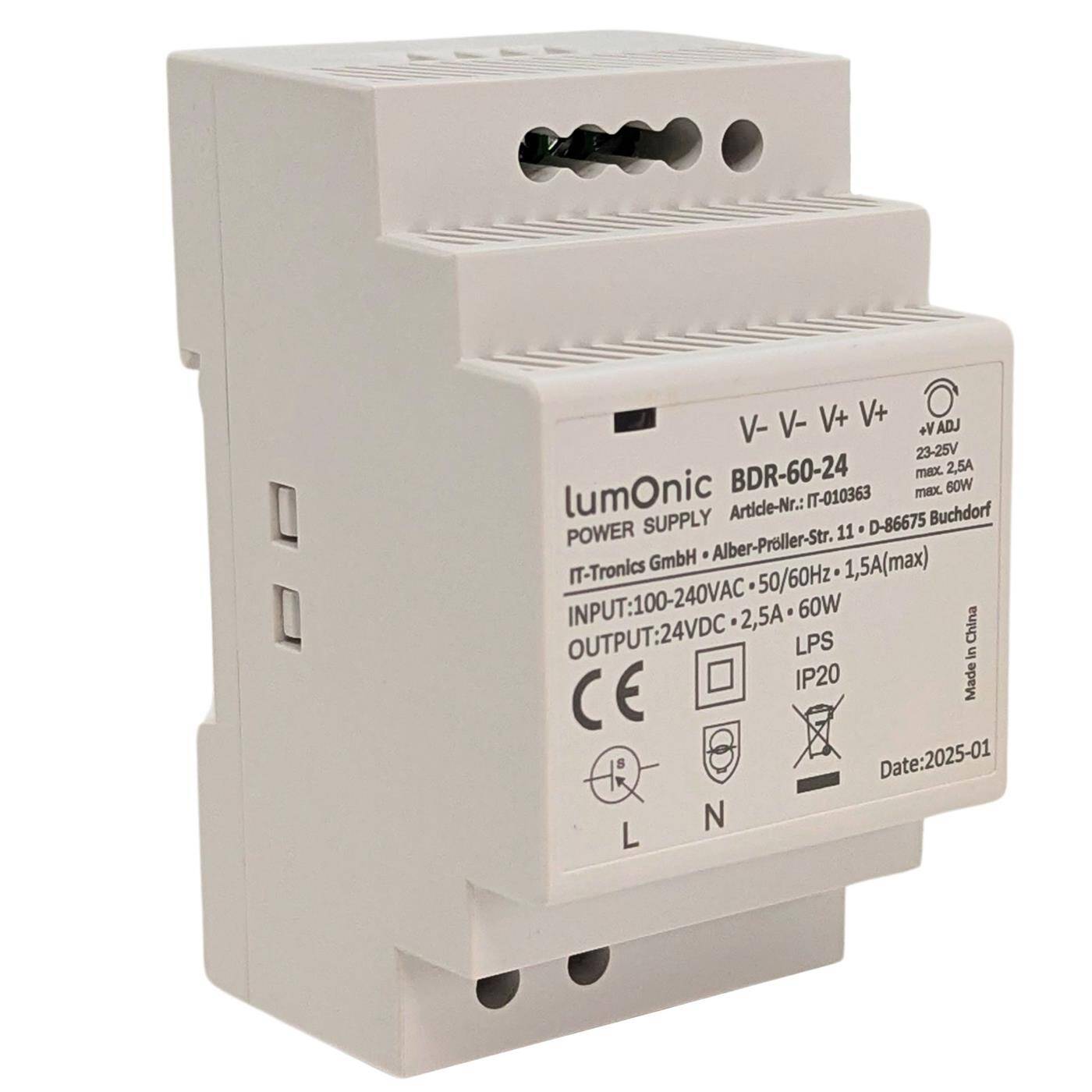 Lumonic I Top-hat rail power supply unit BDR-60-24 I 24V / 60W I Input 100-240VAC I Overload protection I DIN-Rail switching power supply I Switch cabinet
