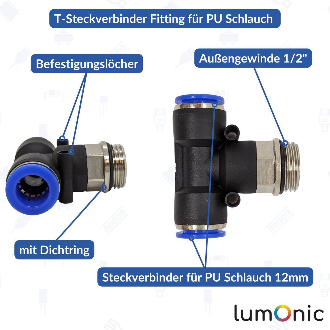 PU hose T-connector fitting with external thread 12mm*1/2inch T-piece Push-in Pneumatic plug connector T-distributor Compressed air