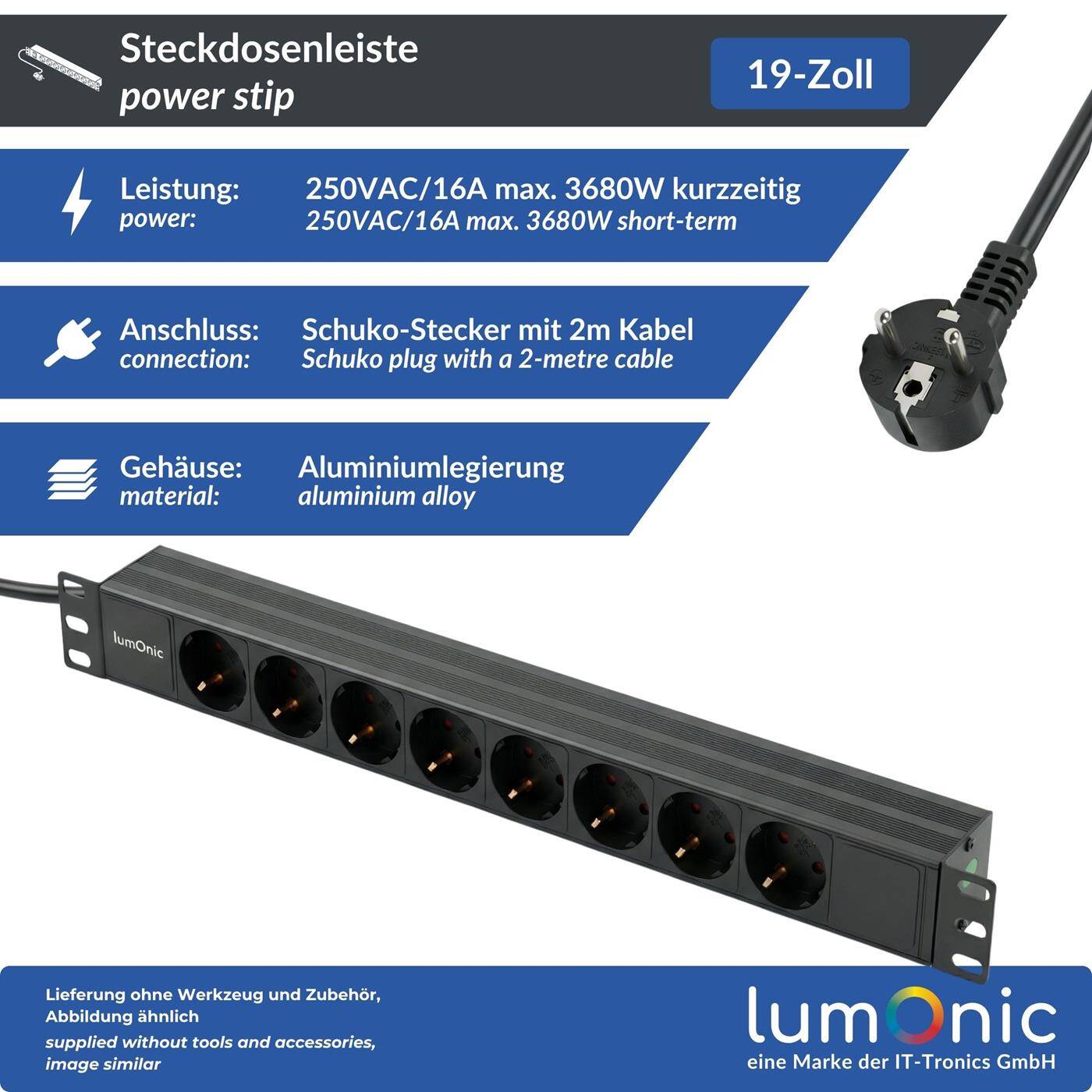 Lumonic 19" socket strip | PDU 8-fold | without switch | 1U, aluminum alloy, black | 2m connection cable 3G1.5 | 45° Schuko socket outlet | short term max. 3680W | Rack, server cabinet