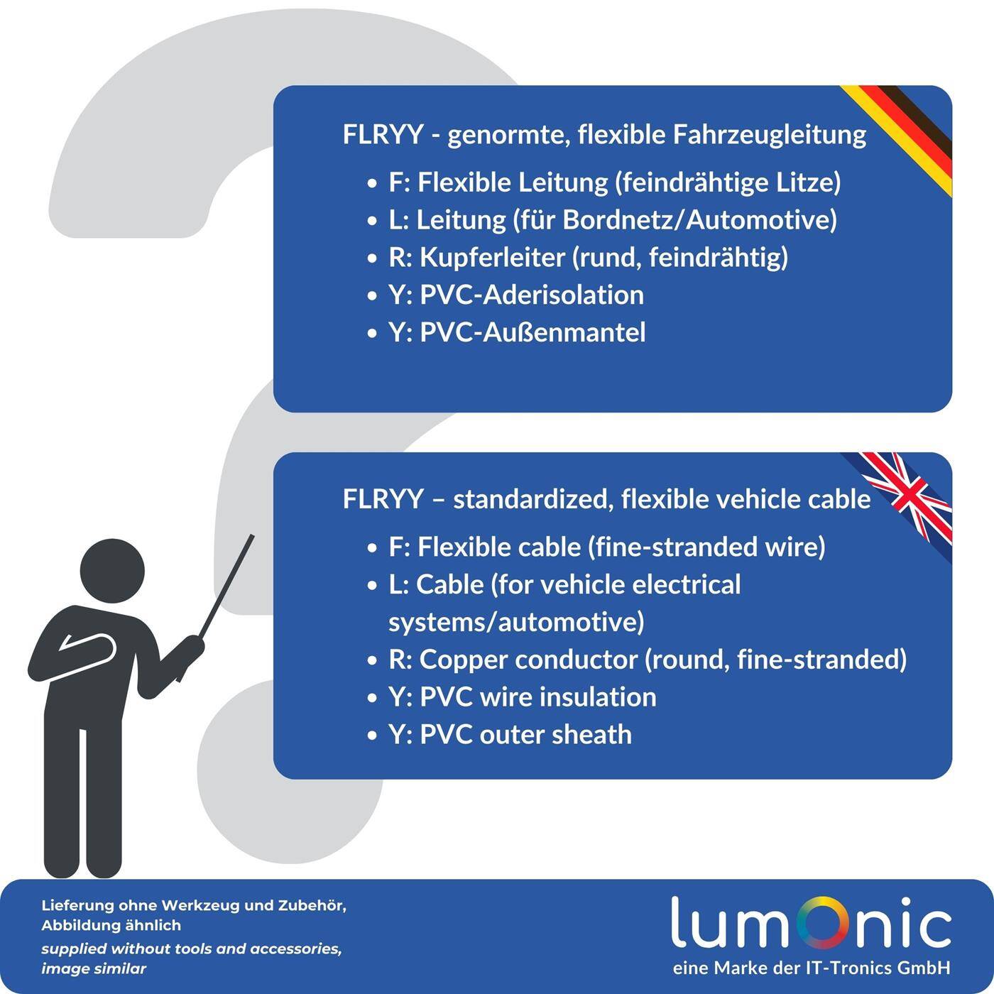 Lumonic 1m FLRYY Vehicle cable 2x2,5mm² black | 2-wire | Trailer cable | Multi-core automotive cable | Oil and fuel-resistant, flame-retardant | Low voltage