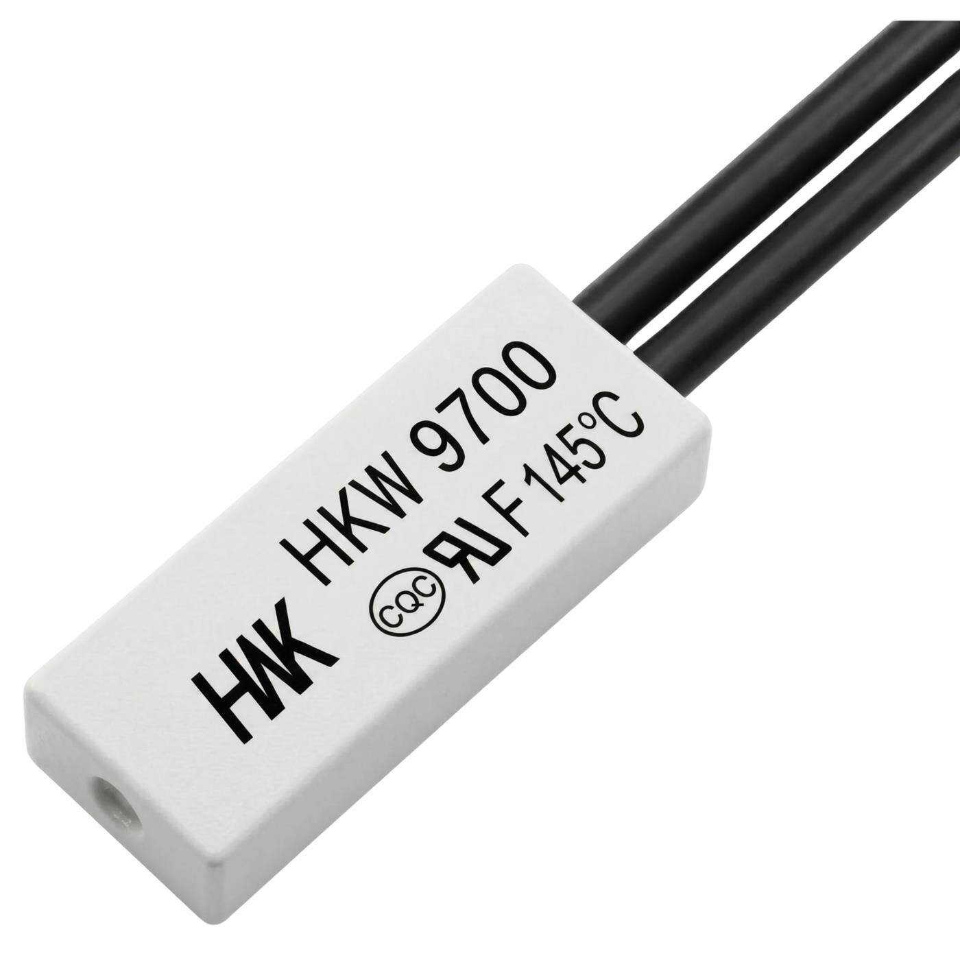 Lumonic HKW9700 Temperature switch flat | 145°C ± 5°C | NC contact NC | max. AC 250V/5A | max. DC 24V/8A | Cable 70mm | 21x8x4mm | Thermal switch, bimetal, KSD9700 | Motors, power supply units, fan heaters