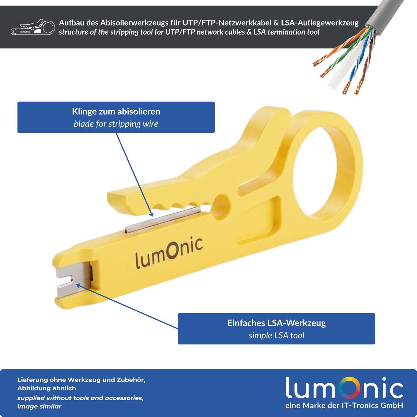 Lumonic Abisolierwerkzeug für UTP/FTP-Netzwerkkabel & LSA-Auflegewerkzeug - Kabel-Abisolierer, Netzwerkwerkzeug, auch als LSA-Auflegewerkzeug, CAT5e/CAT6, Mini, gelb, Patchpanel, RJ45