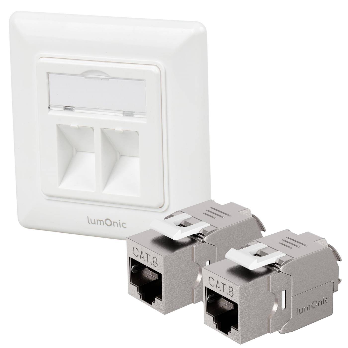 Keystone flush-mounted frame including 2x CAT8 module, 2-port snap-in I tool-free assembly, Ethernet socket up to 40 Gbit for AWG22-24, RJ45 fully shielded,
