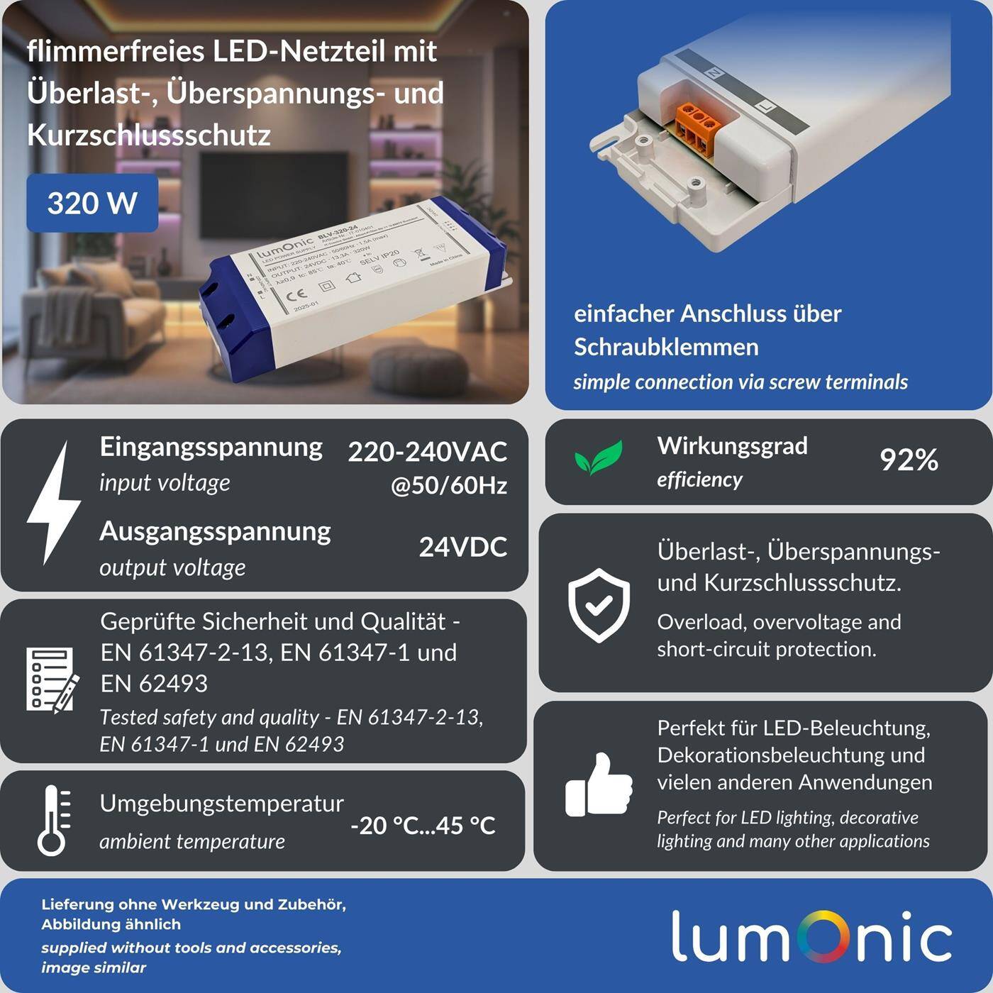 Lumonic I LED transformer BLV-320-24 I 24V 320W I Input 220-230VAC I flicker-free I Overload protection I LED power supply unit I for LED lighting