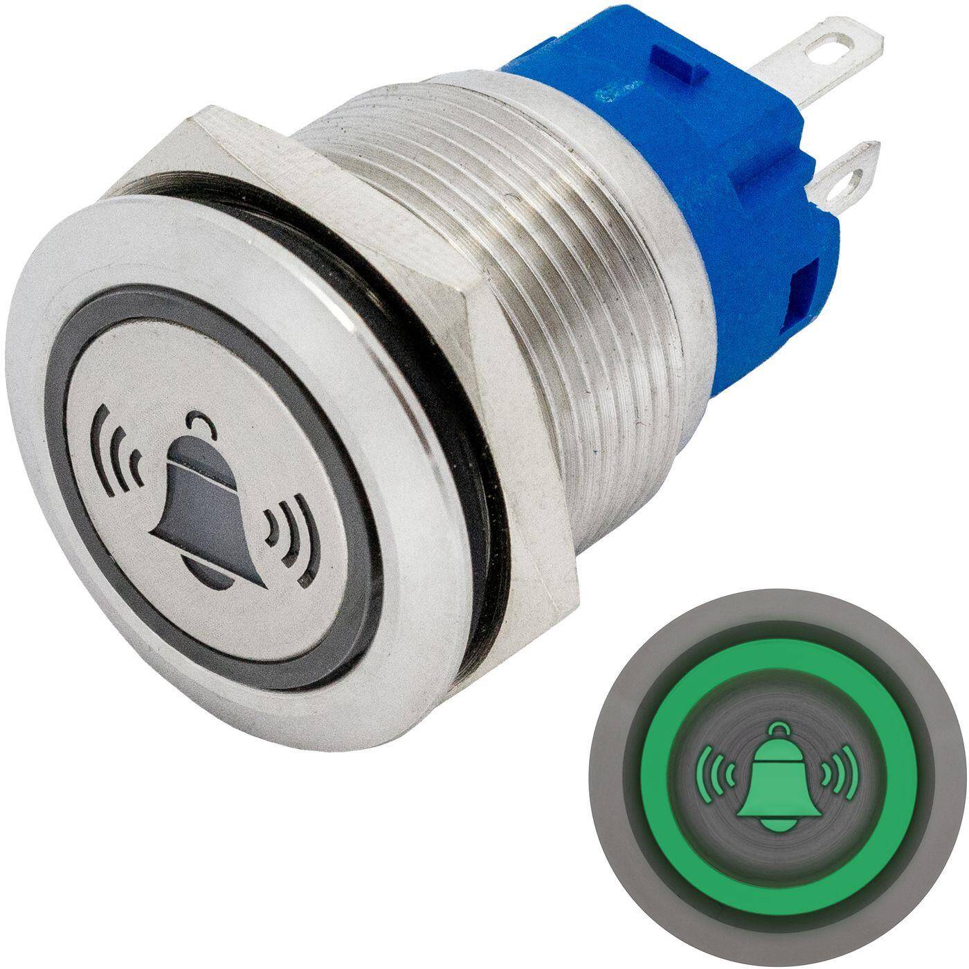 Lumonic Edelstahl Drucktaster flach 19mm Durchmesser I Mit einer Glocke LED in Grün Maße: 2,8x0,5mm Pin s 250V 3A I Vandalismussicher nach dem IP65 Standard