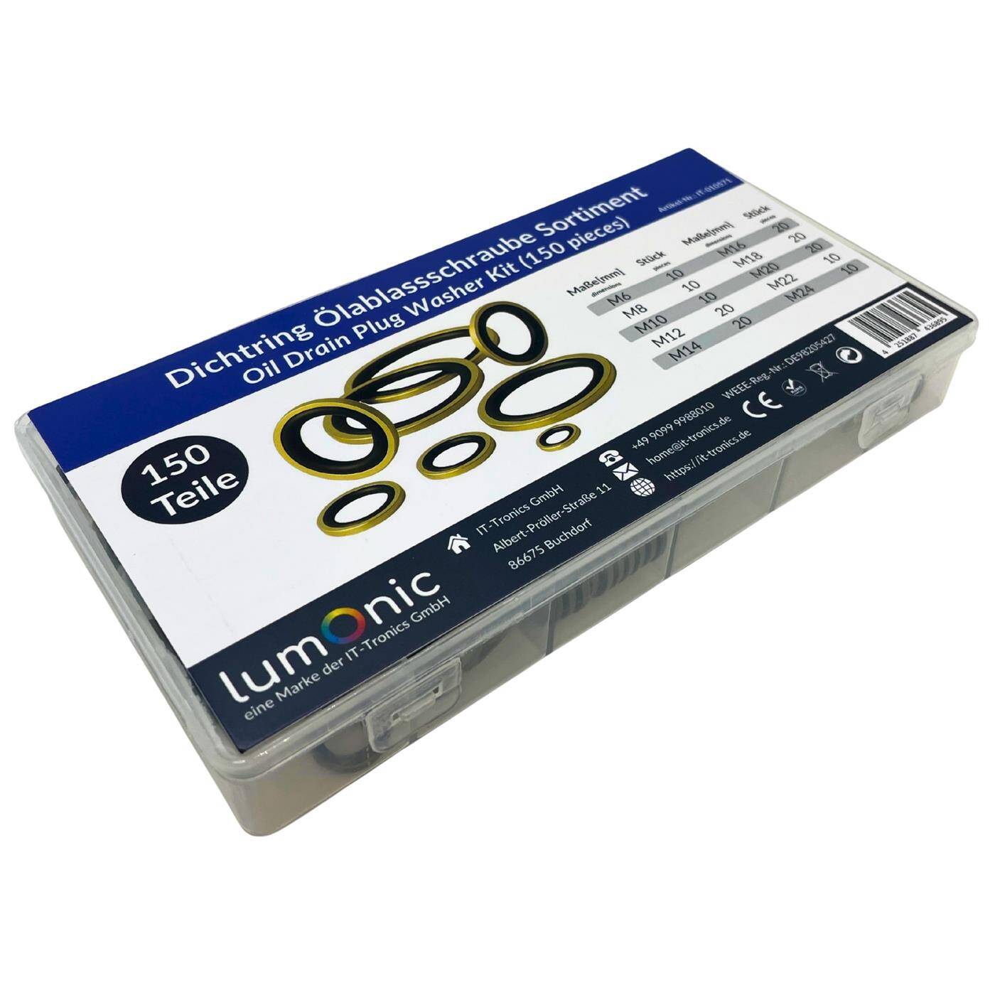Lumonic Dichtring für Ölablassschrauben Sortiment | 150 Teile, 10 Größen M6-M24 | KFZ Ölwechsel Dichtringe | Bonded Seals | in praktischer Sortimentsbox