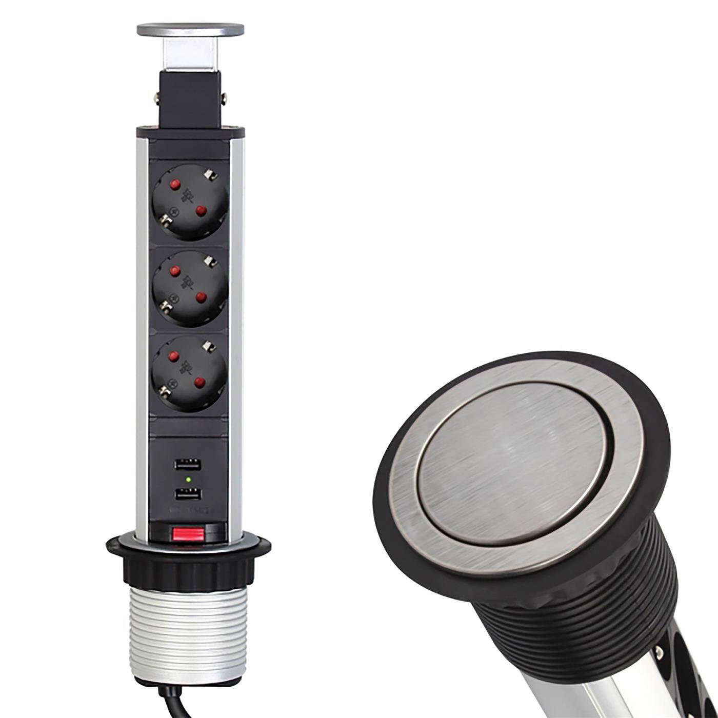 Lumonic LiftBox 3x Schuko Steckdose + 2x USB 2,4A Tischsteckdose Edelstahl I 3 Steckdosen mit 230V im Tower max. 3600W I Mit Bohrloch-Größe 107mm Ideal für den Einbau