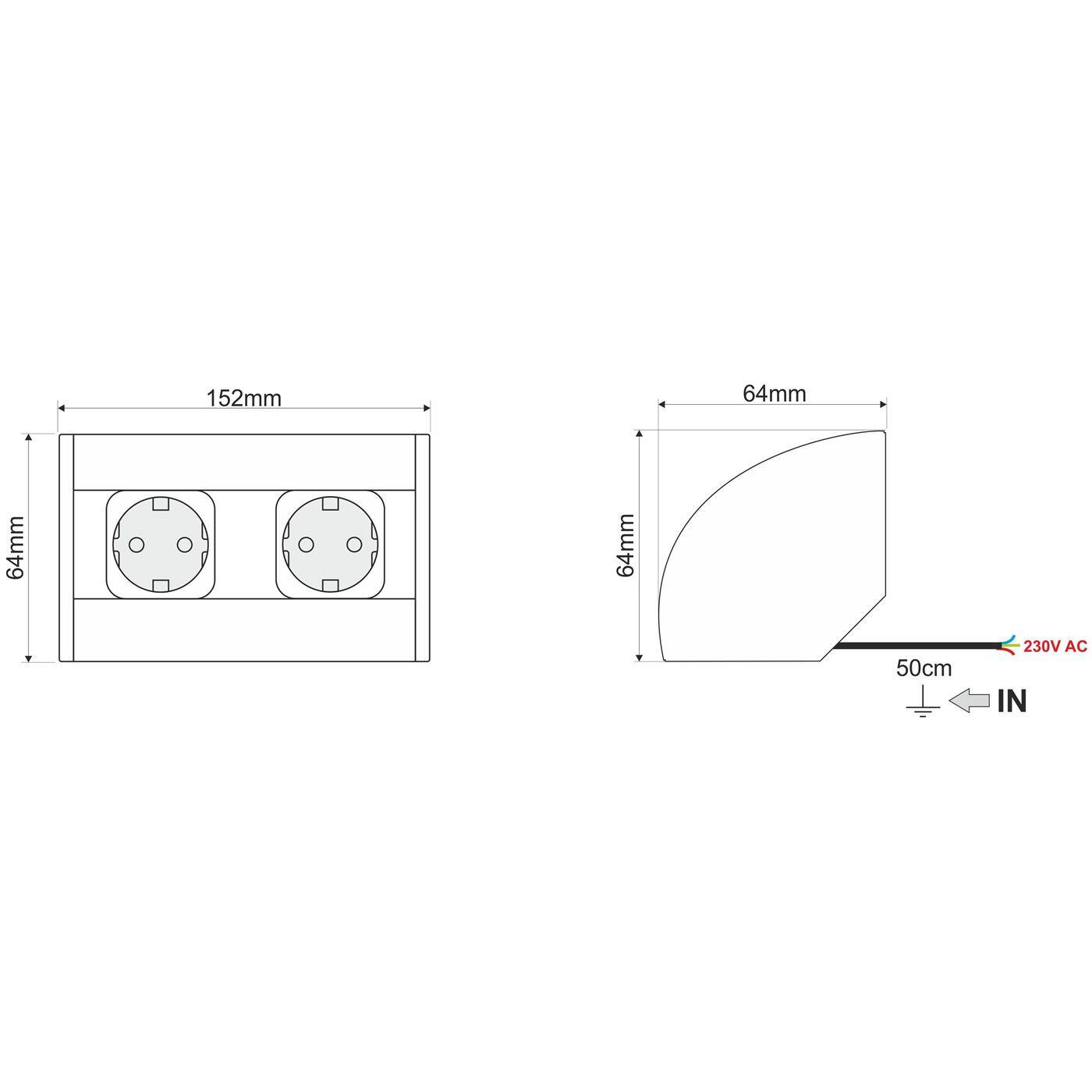 Lumonic ConerBox 2x Schuko Steckdose Tischsteckdose silber I 2 Steckdosen mit 230V max. 3600W I Größe 152 x 64 x 64mm Ideal zur Eckmontage